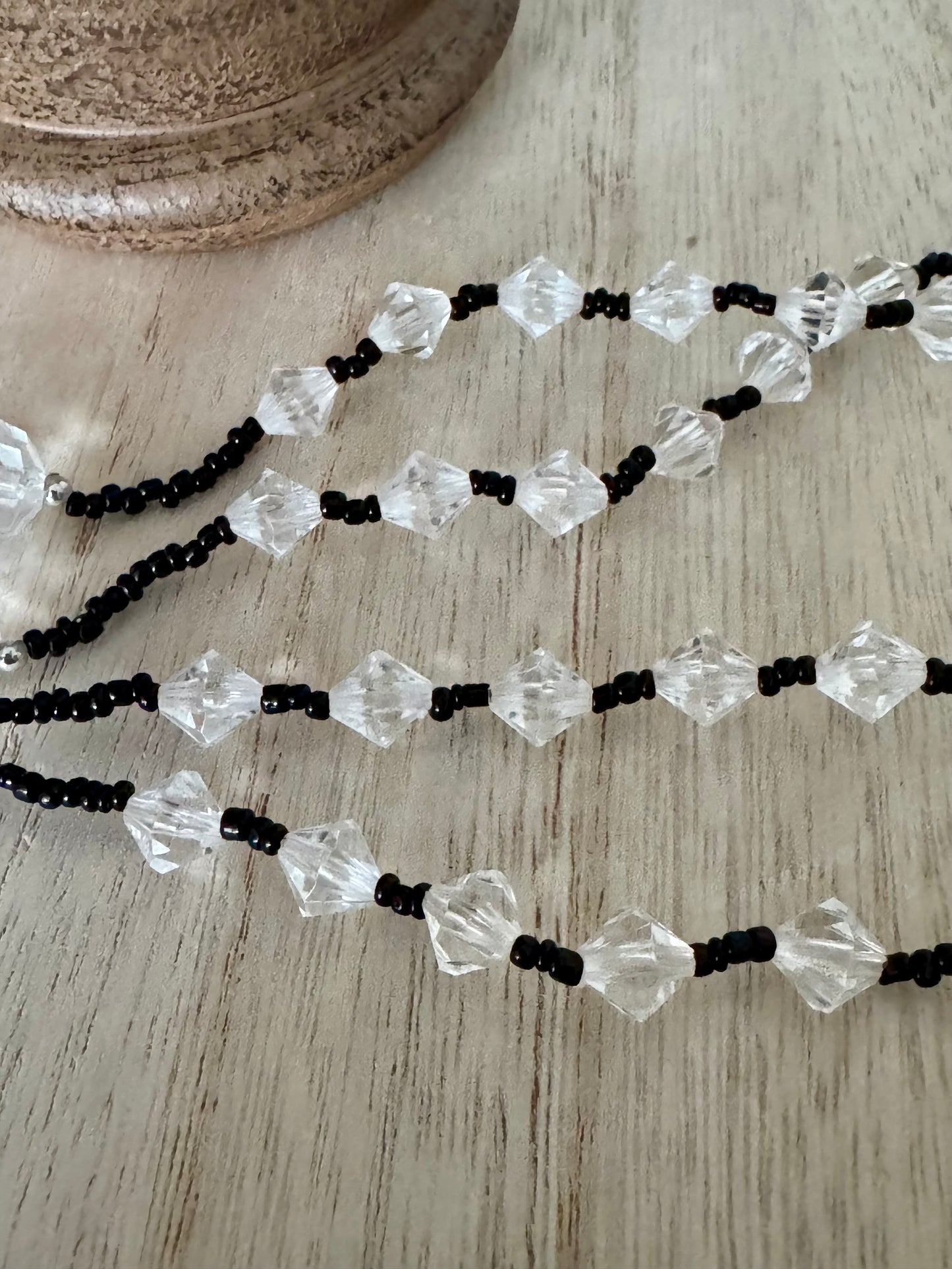Handmade Black Seed Bead and Clear Crystal Rosary with Silver Accents