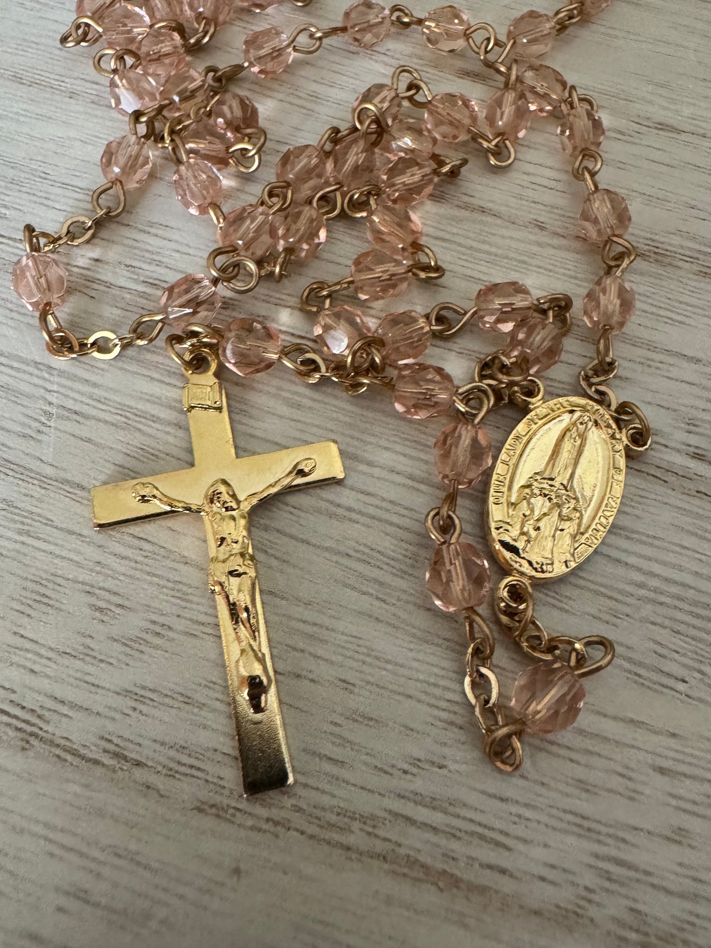 Pink & Gold Catholic Rosary – Small Crystal-Like Beads | Chain Link Design