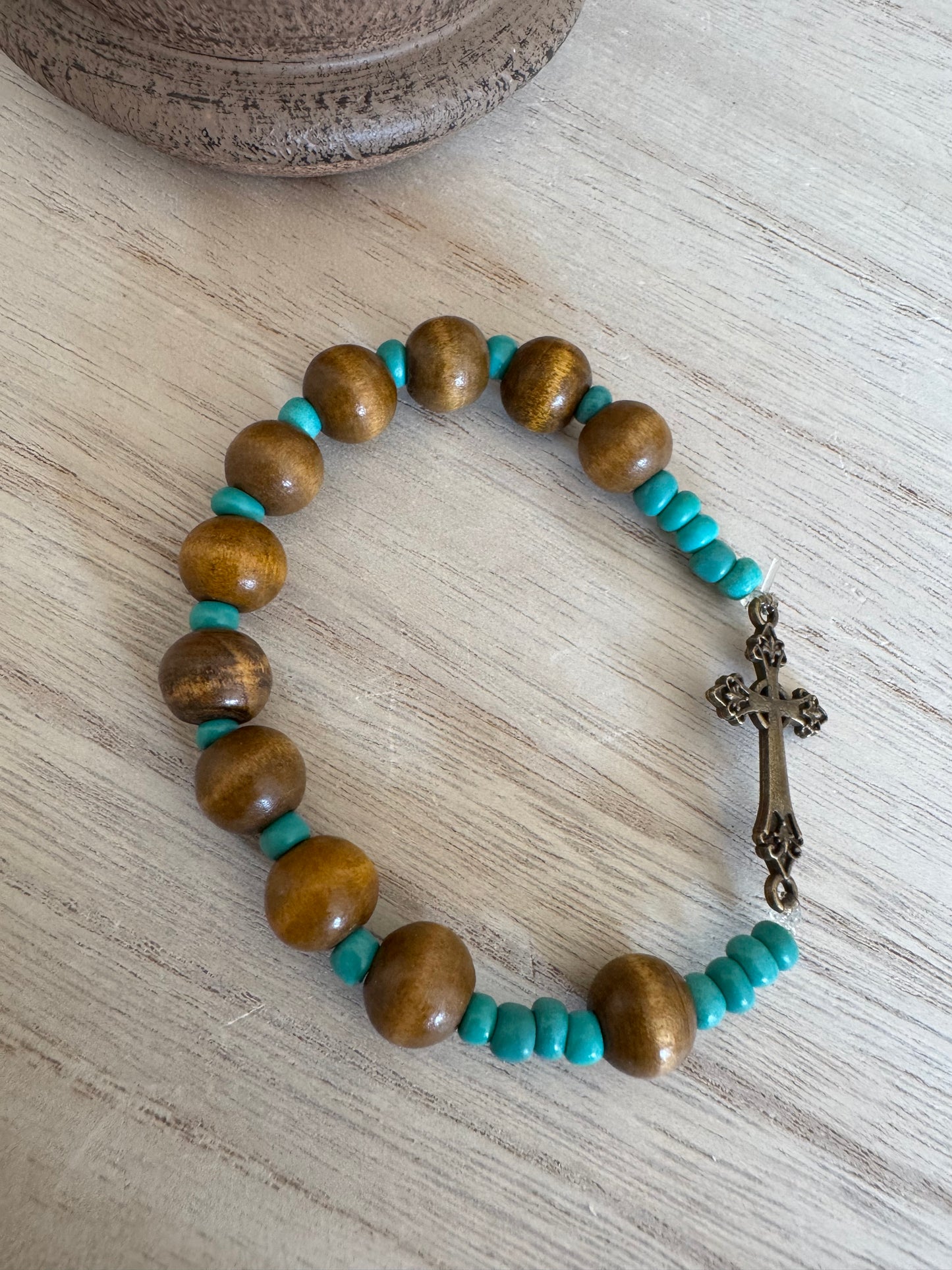 Dark Wood Rosary Bracelet with Teal Green Accent and Bronze Cross