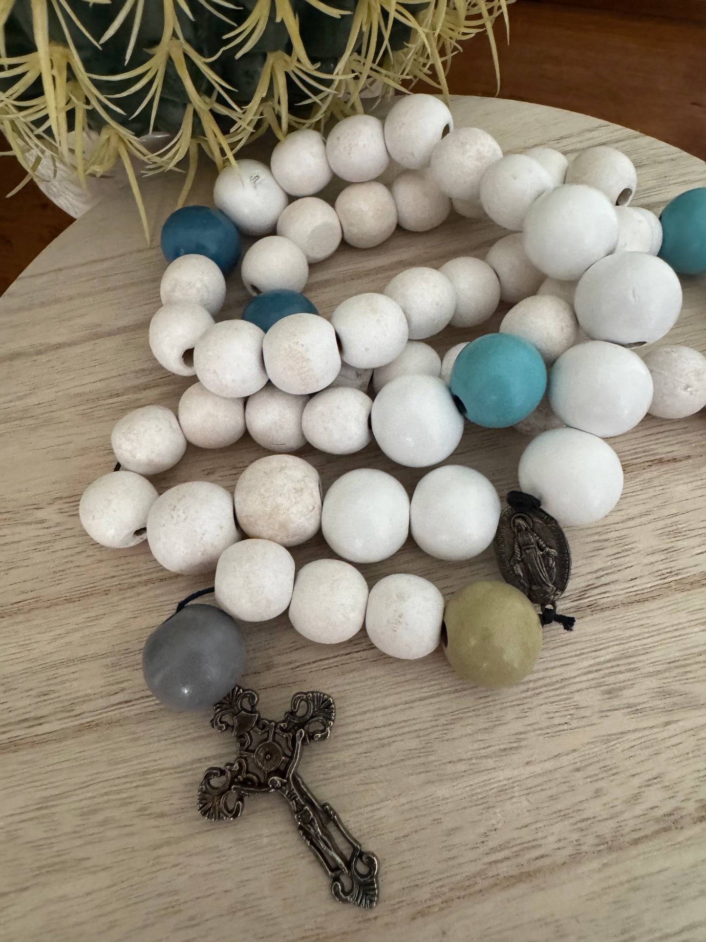 Chunky Wood Bead Rosary – White, Green & Blue | Handmade