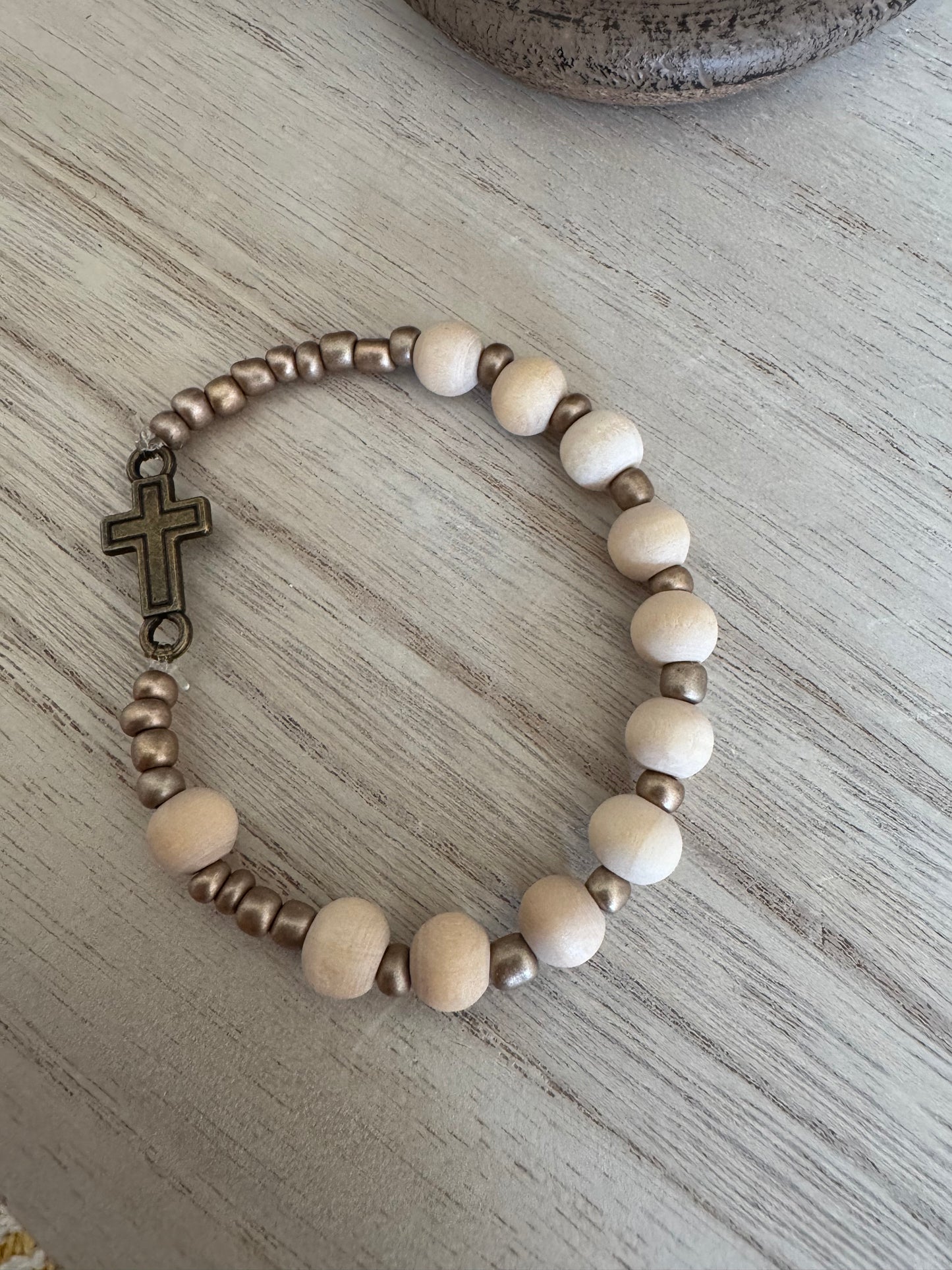 Light Wood Rosary Bracelet with Gold Seed Bead Accents and Small Bronze Cross