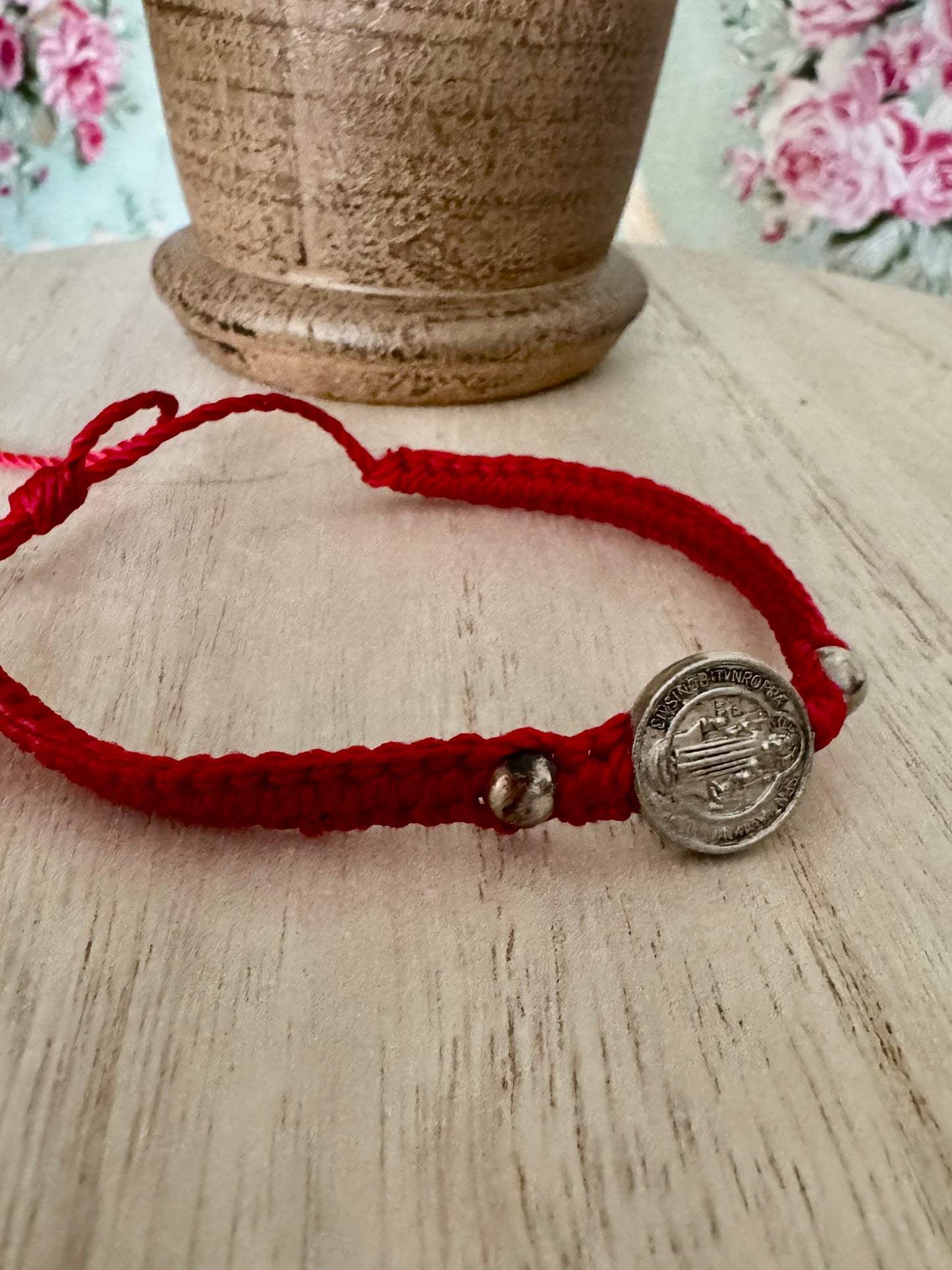 Adjustable Red Braided Bracelet with St. Benedict Medal