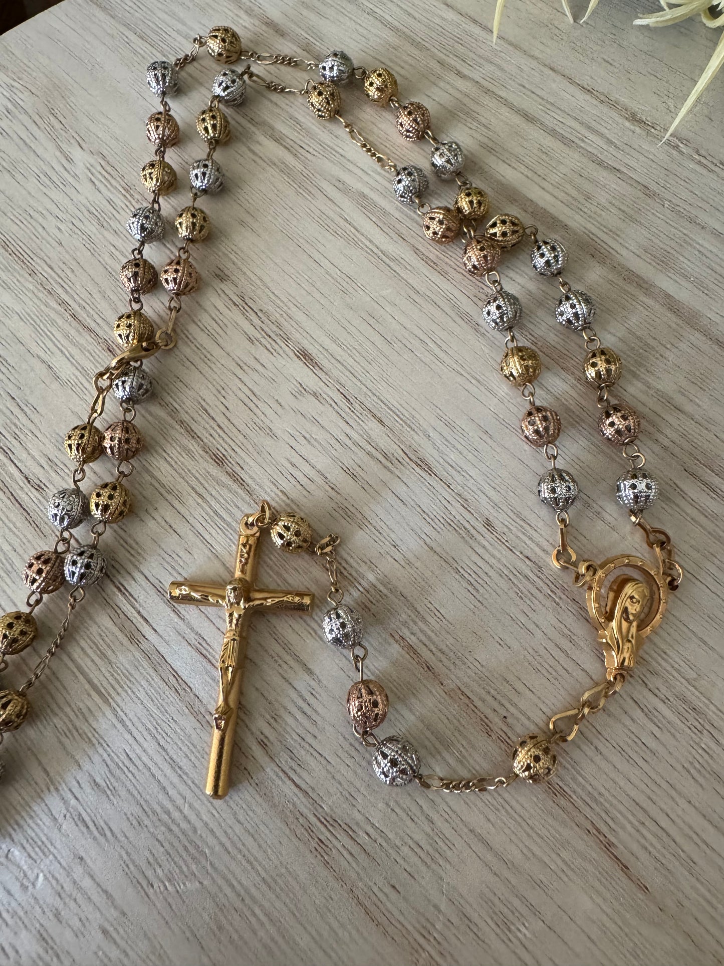 Delicate Silver & Gold Rosary – Textured Metal Beads