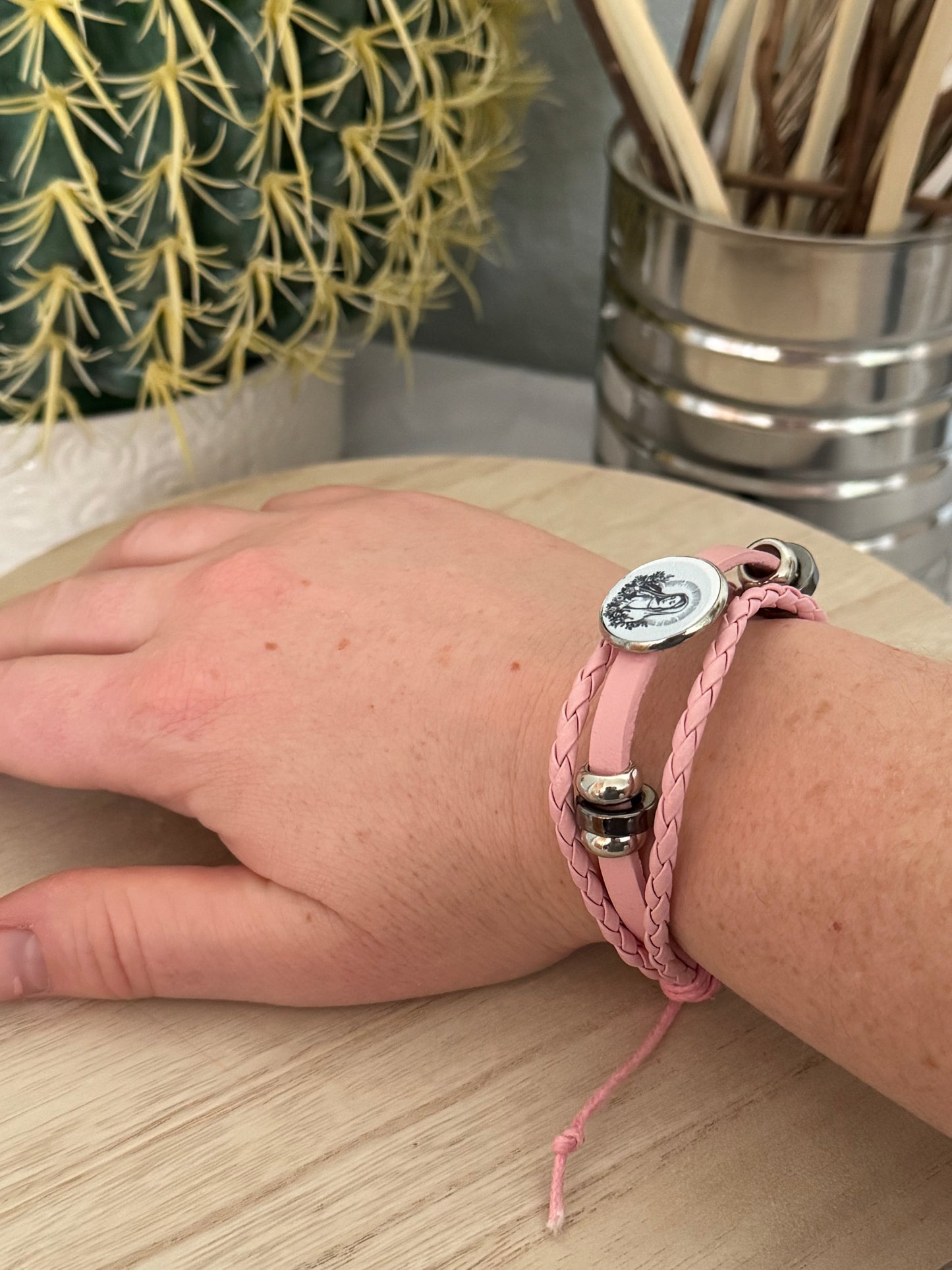 Faith-Inspired Braided Faux Leather Bracelet – Adjustable & Stylish - Pink