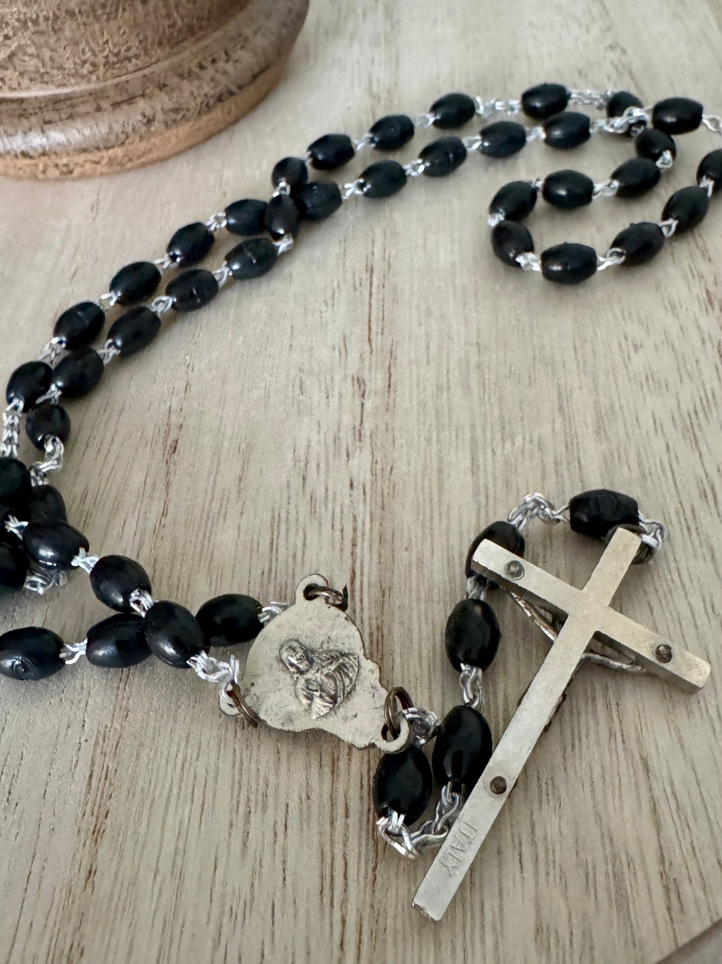 Vintage Black and Silver Rosary – Made in Italy – 17.5 Inches