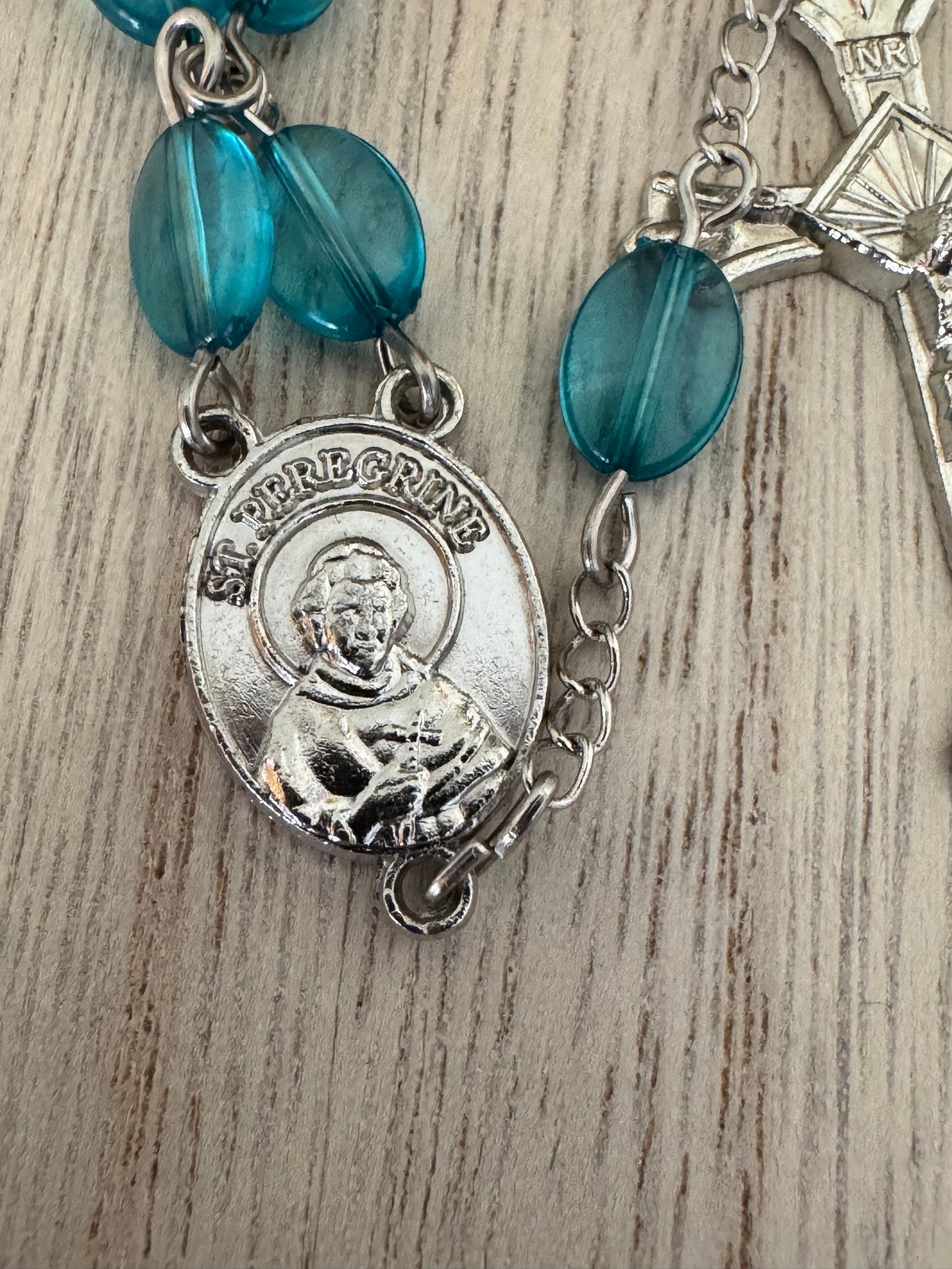 Light Blue Single Decade Rosary – St. Peregrine, Silver-Colored