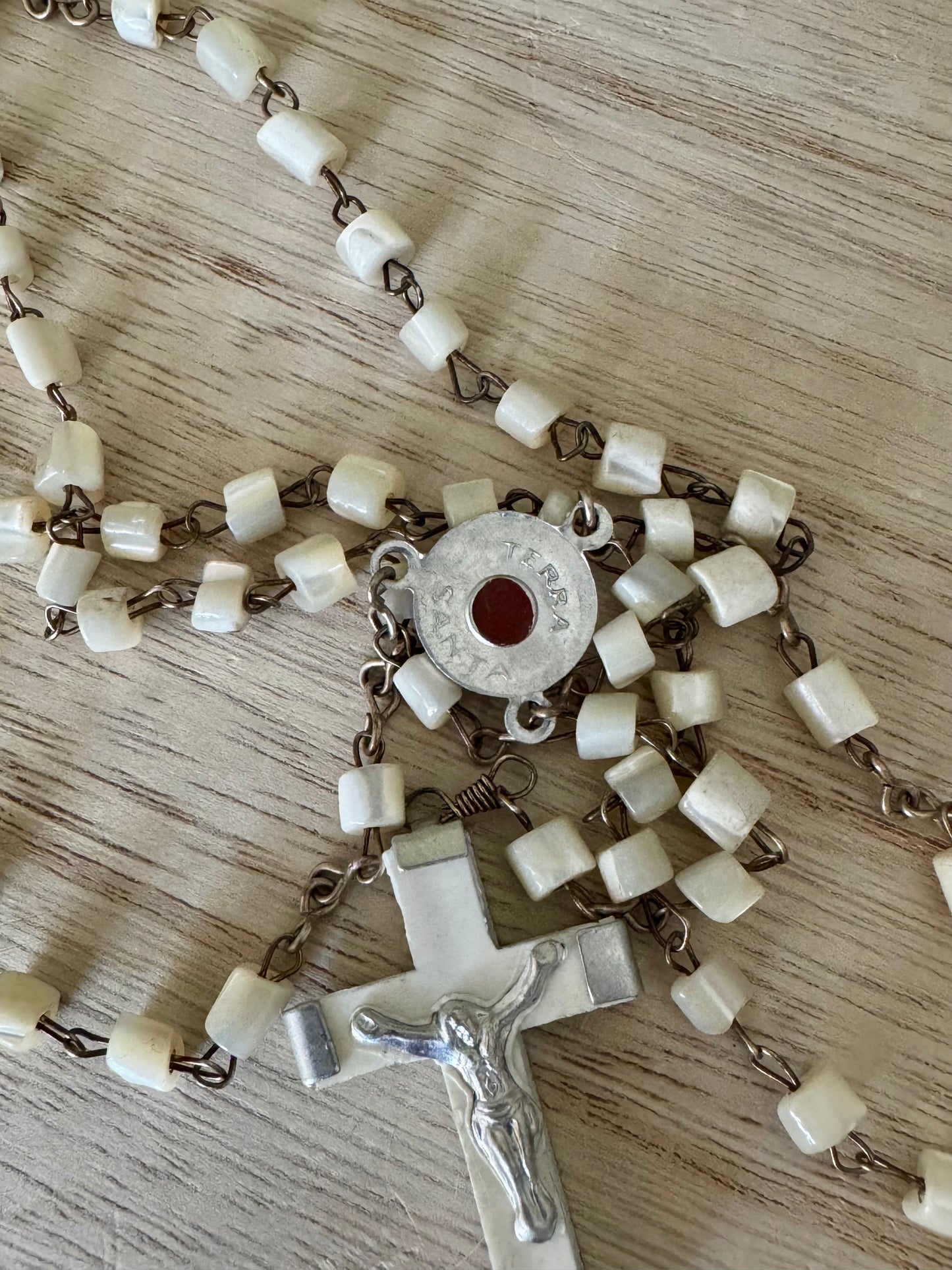 Vintage White Square Bead Rosary – Santa Terra Centerpiece