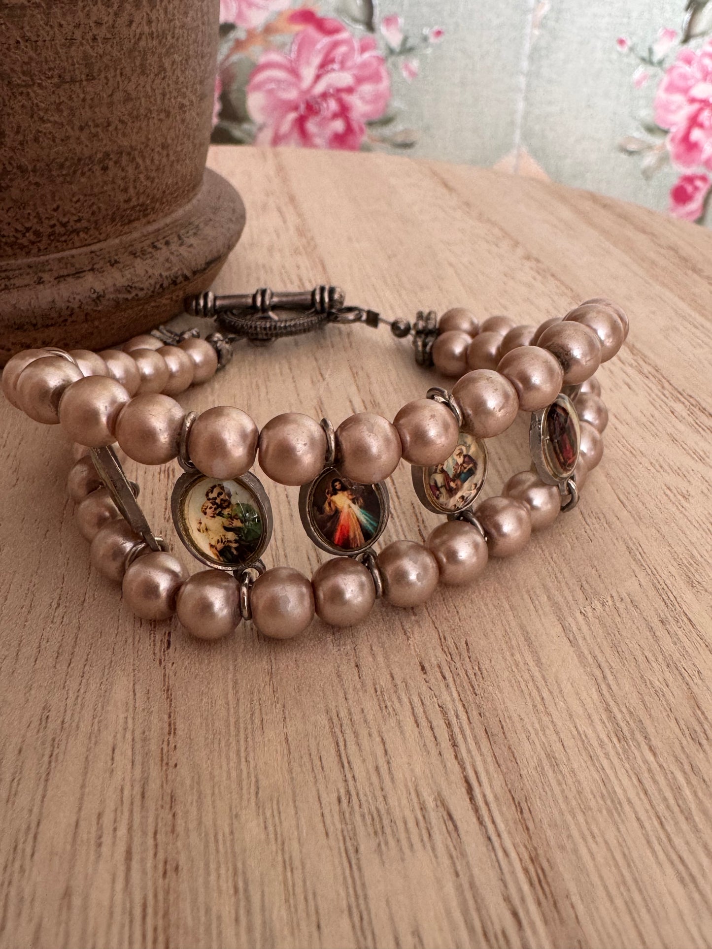Vintage Handmade Charm Bracelet – Faux Pink Pearl Beads – Catholic Saints & Marian Devotions