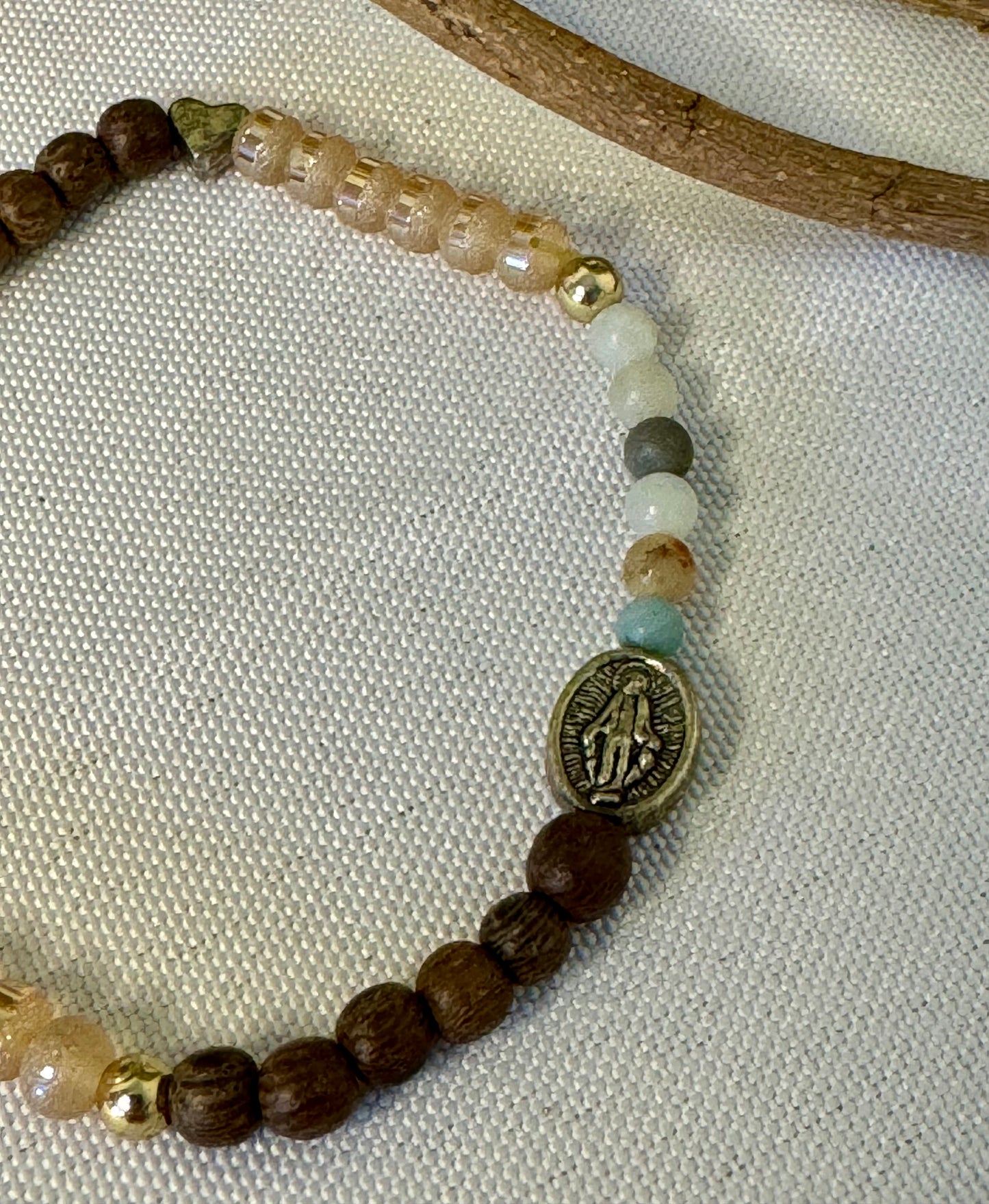 Multicolored, Wood Sparkel Miraculous Medal Strech Bracelet