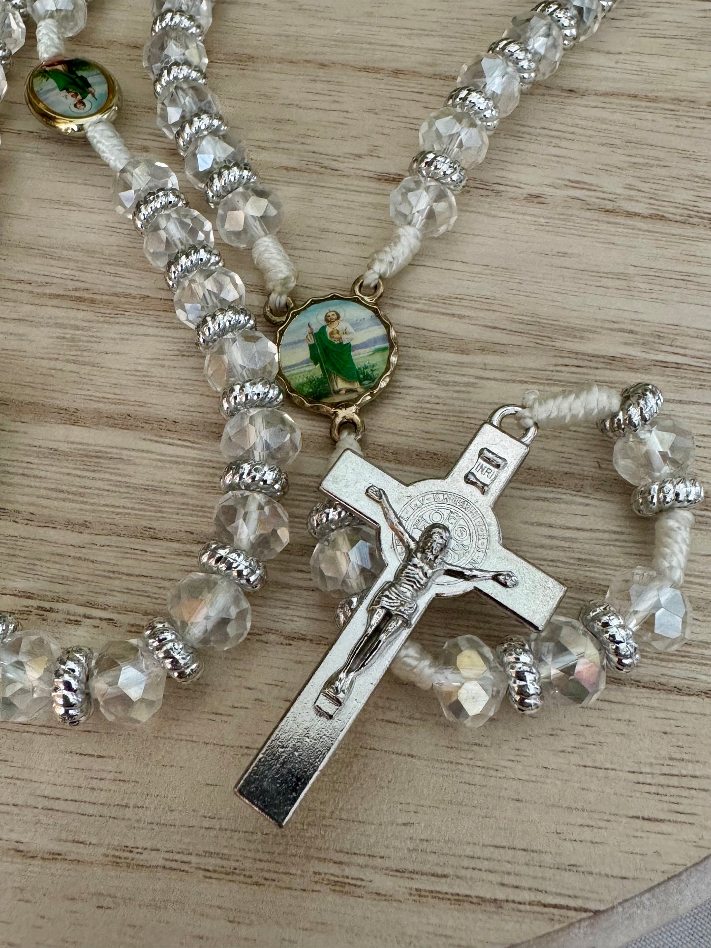 Clear Silver Crystal Rosary – St. Jude & St. Benedict