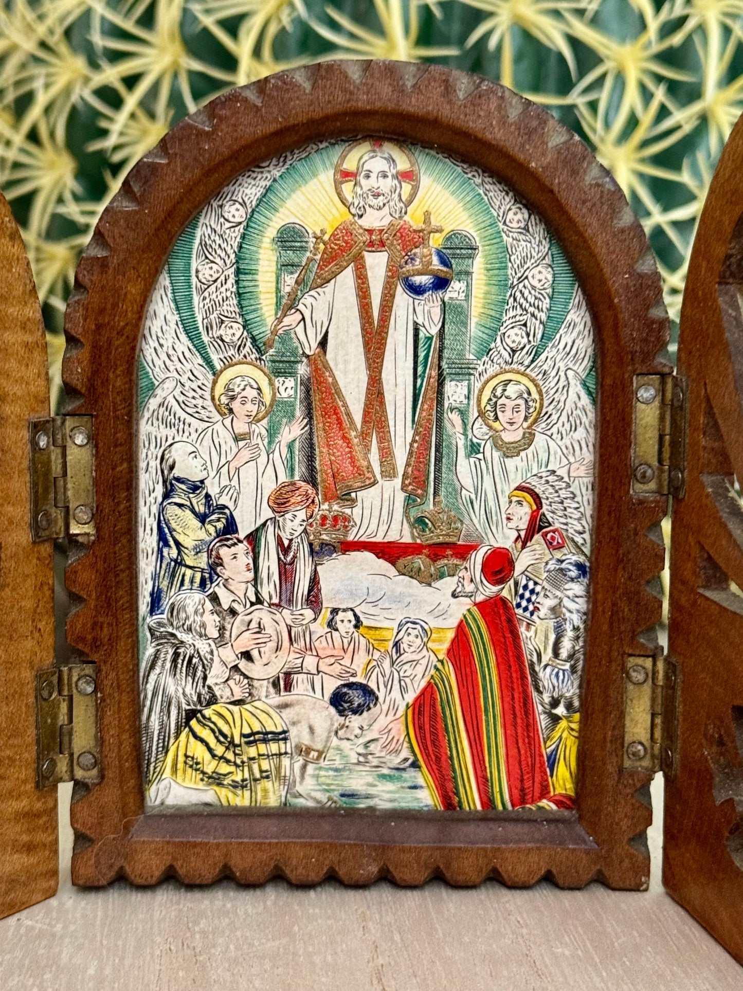 Vintage Fold-Out Religious Frame | Jesus Holding the World | Symbol of Worldwide Faith | 1930s–1950s
