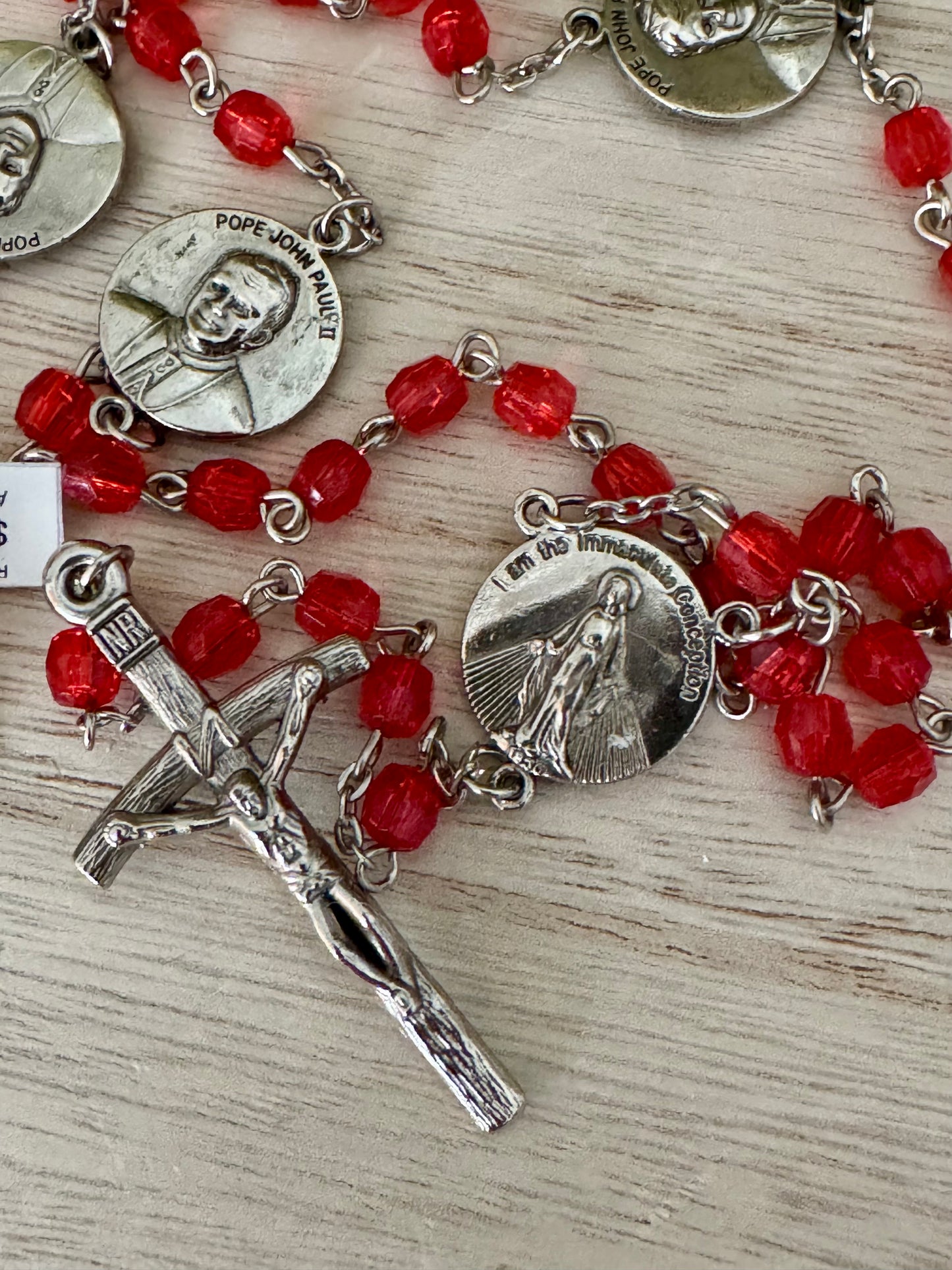 Red Plastic Bead Rosary – Pope John Paul II & Immaculate Conception