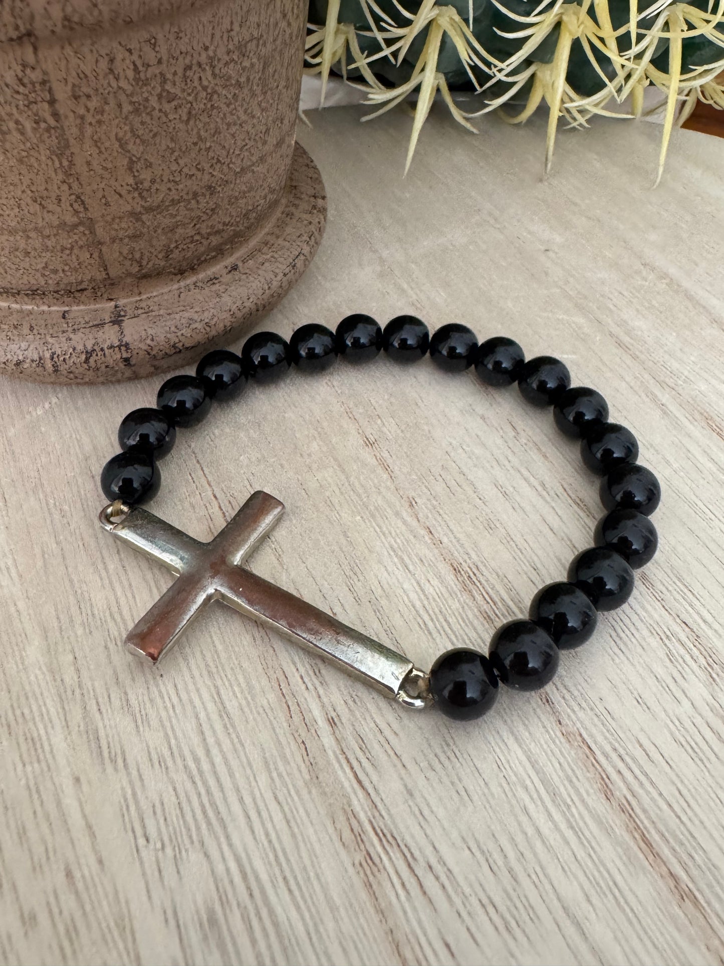 Black Stretch Bracelet with Vintage Rhinestone Cross