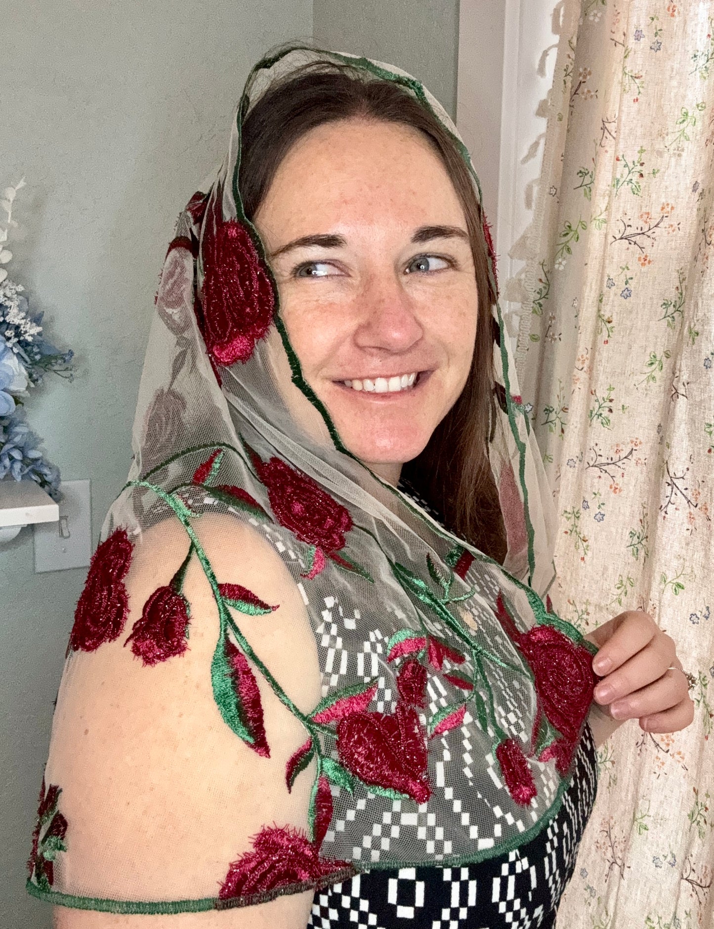 Our Lady of Guadalupe Red & Green Mesh Veil