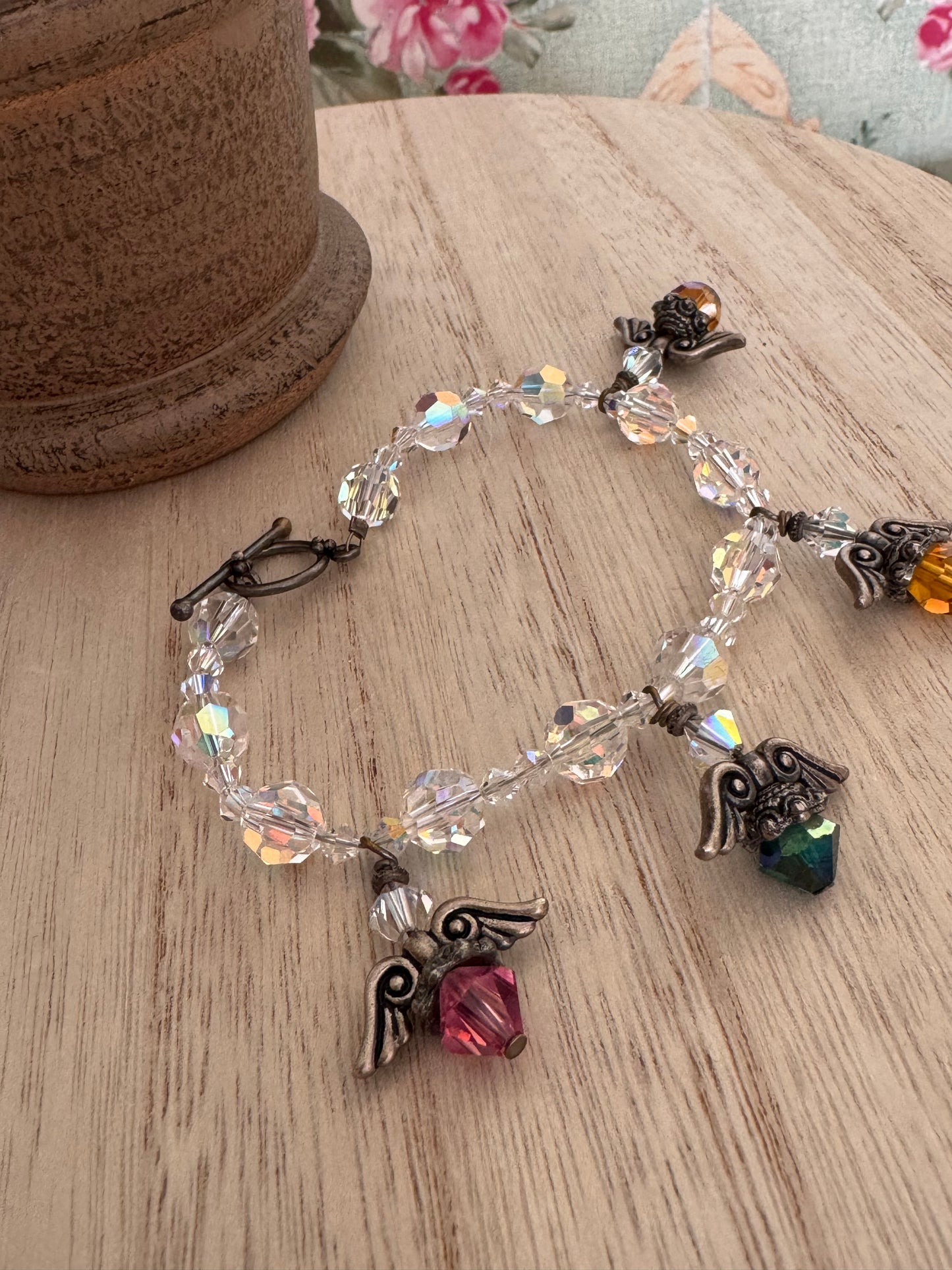 Handmade Clear Crystal-Style Bead Bracelet with Angel Charm – 8”