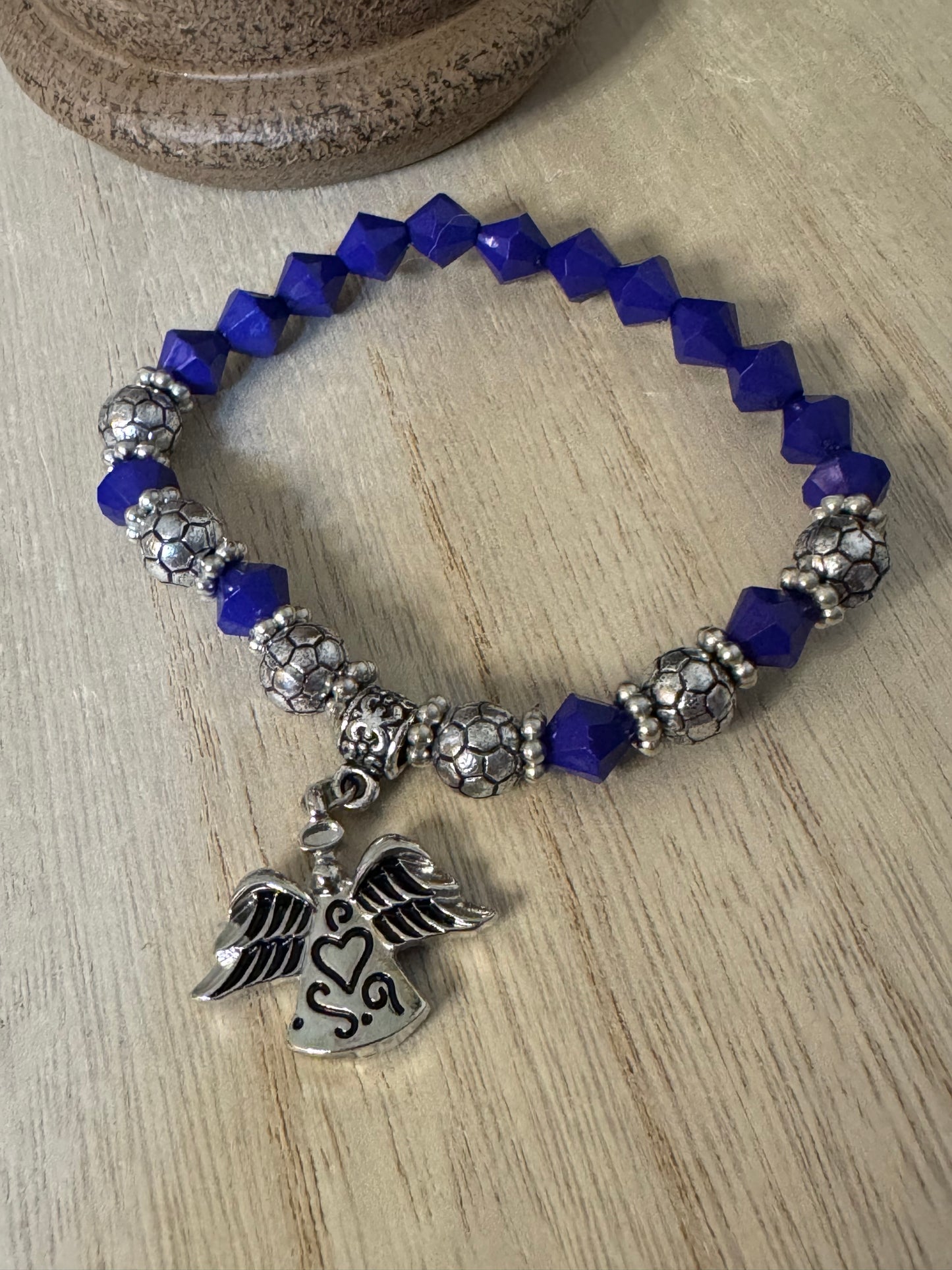 Heavenly Protection Stretch Bracelet – Silver & Blue with Angel Charm