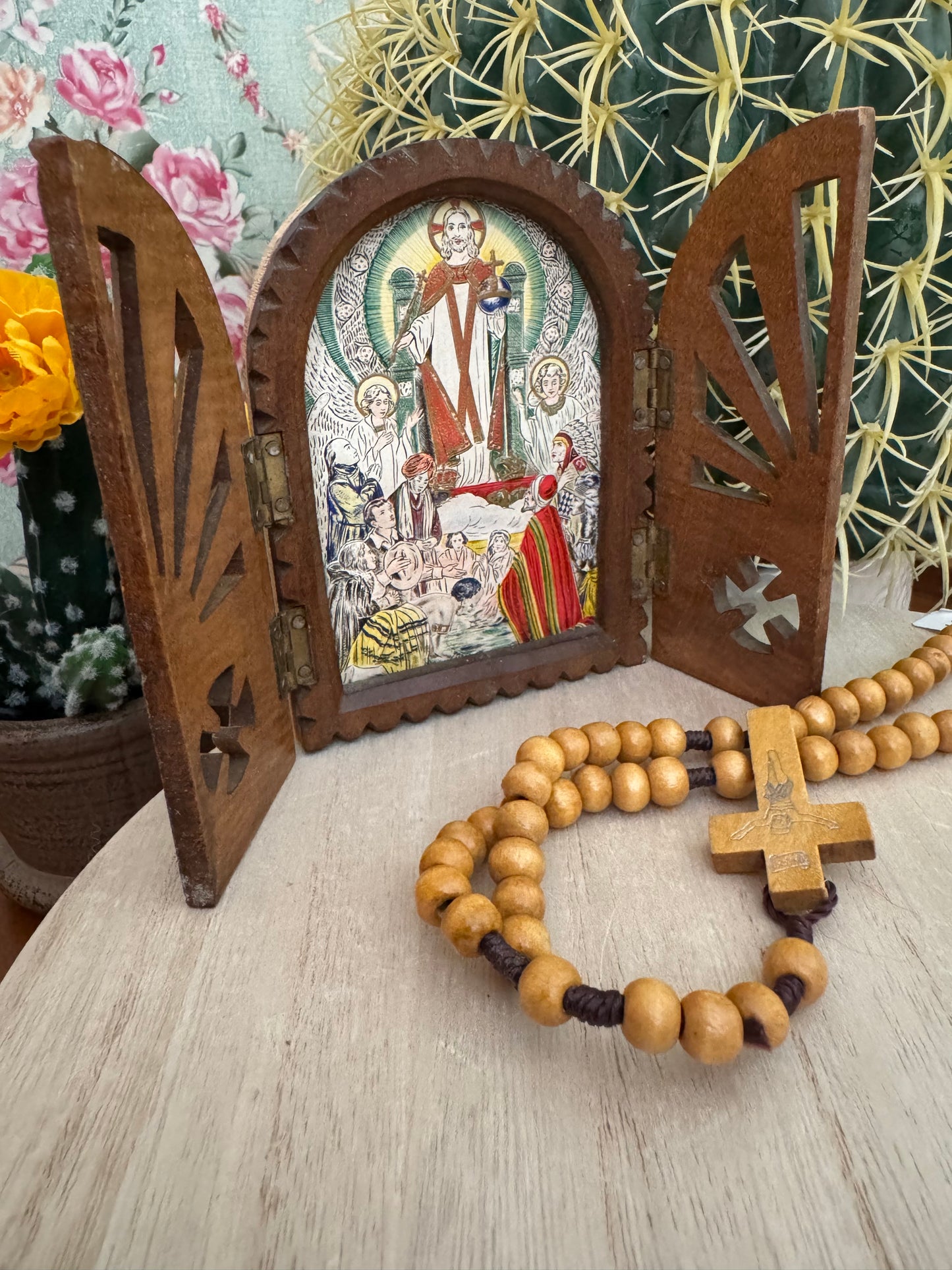 Vintage Fold-Out Religious Frame | Jesus Holding the World | Symbol of Worldwide Faith | 1930s–1950s