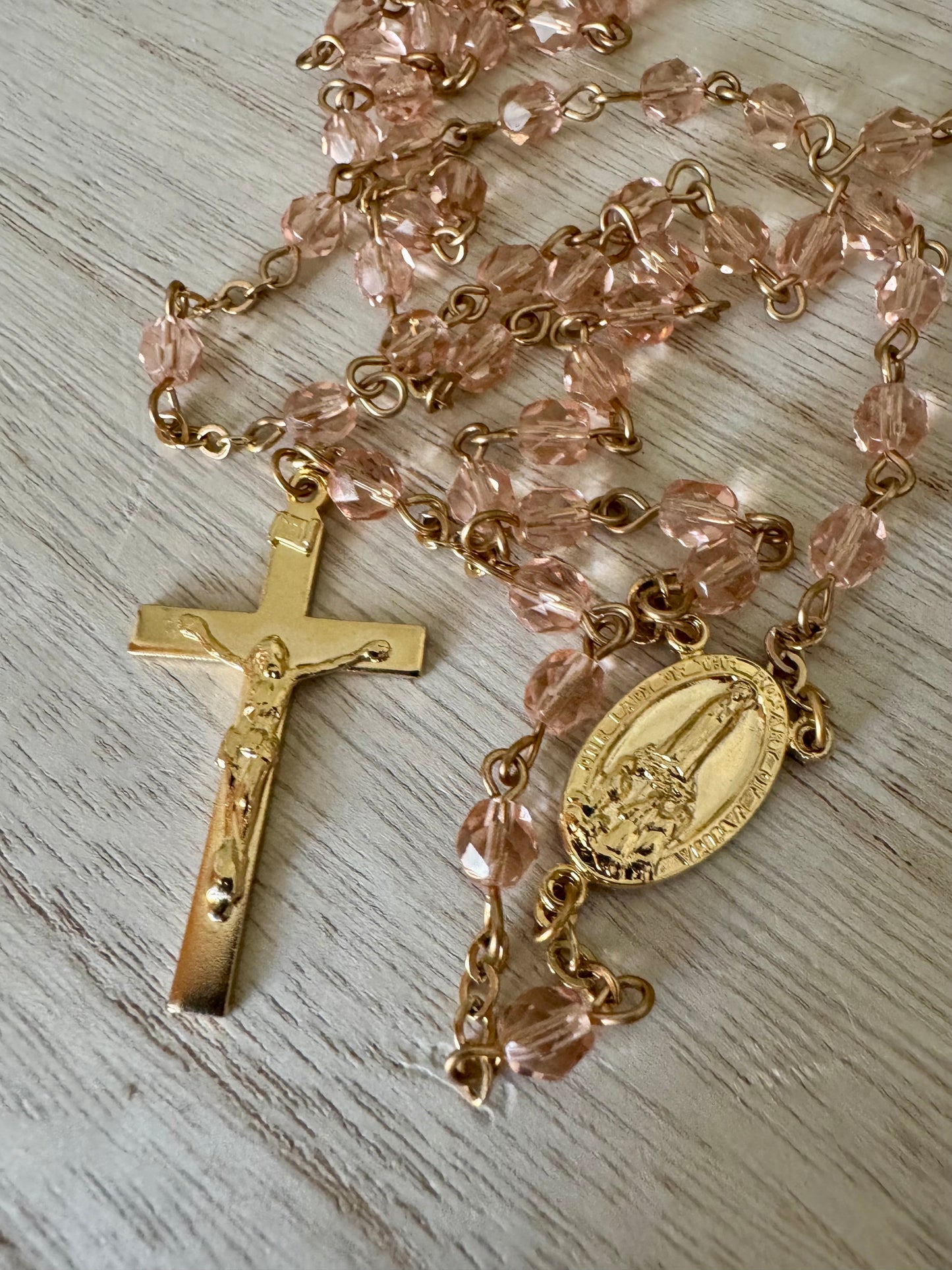 Pink & Gold Catholic Rosary – Small Crystal-Like Beads | Chain Link Design