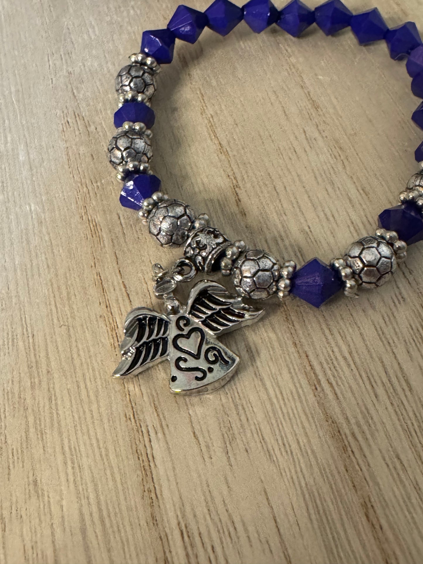 Heavenly Protection Stretch Bracelet – Silver & Blue with Angel Charm