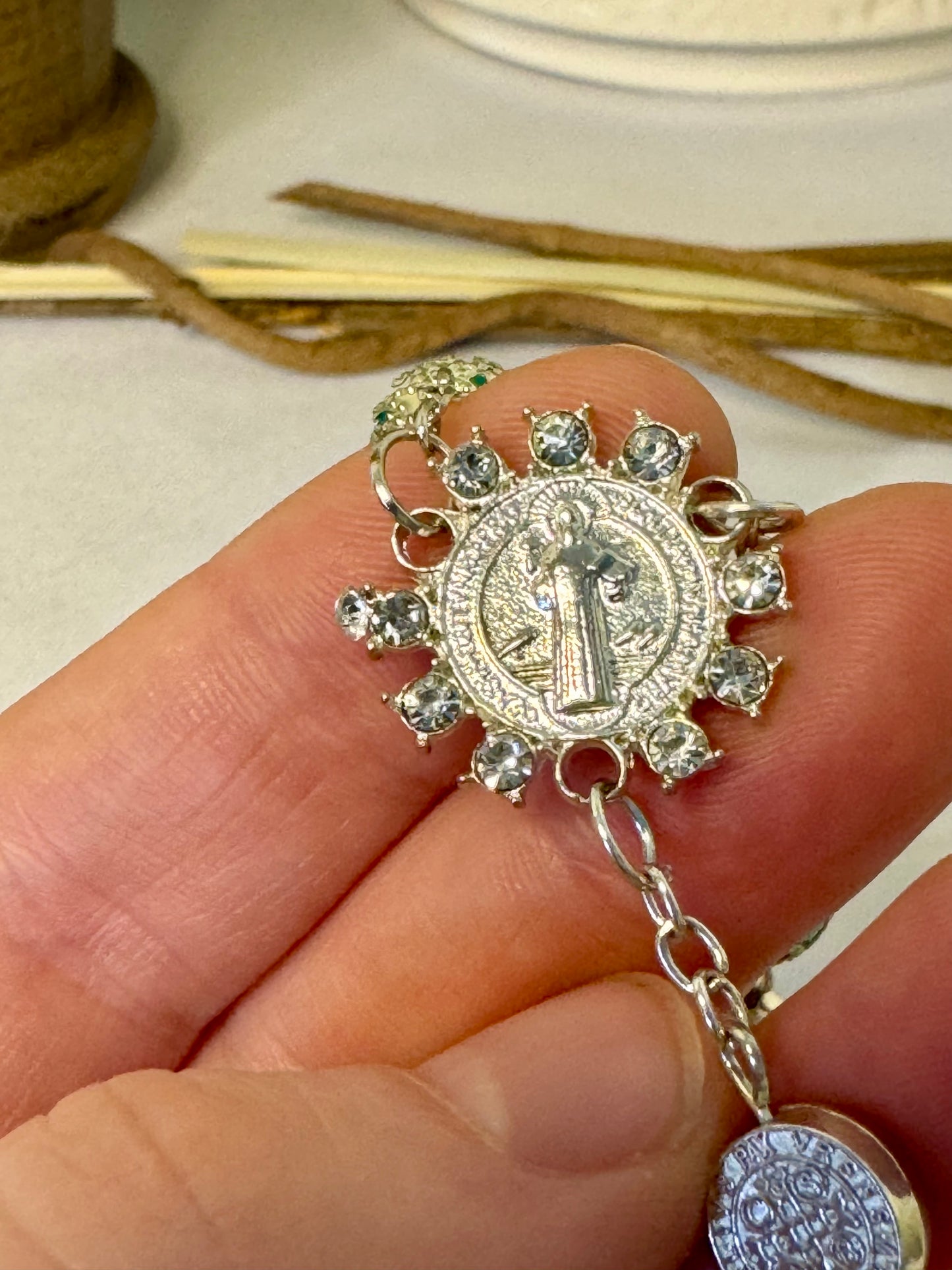 Ornate Blue, Silver, Rhinestone Chaplet Rosary W/ St. Benedict Medal