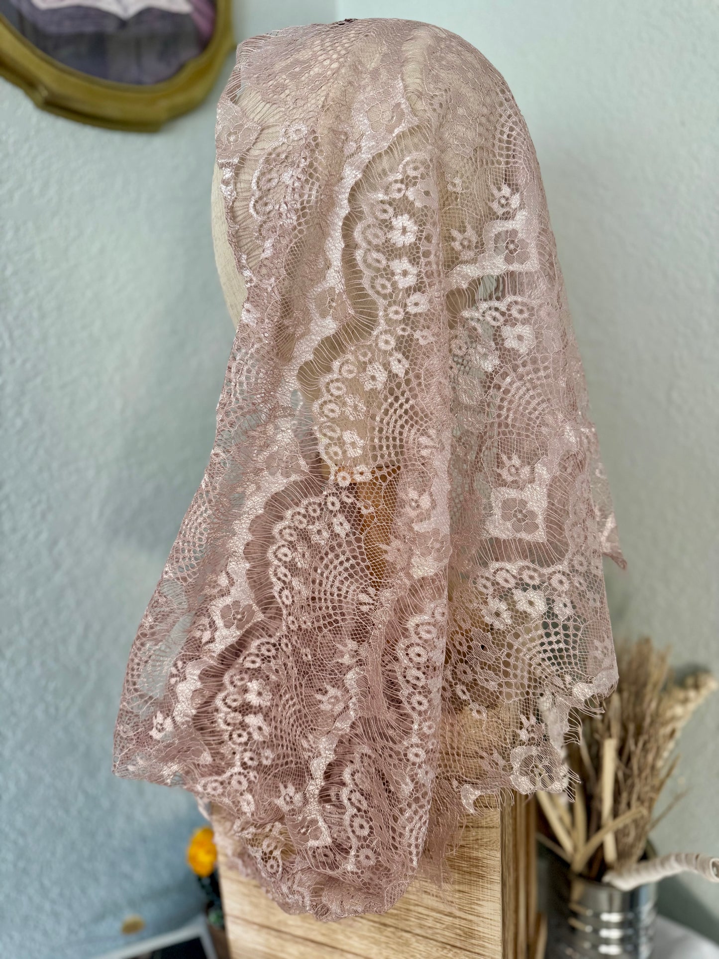 Elegant Light Pink Handmade Lace Infinity Veil 21x22