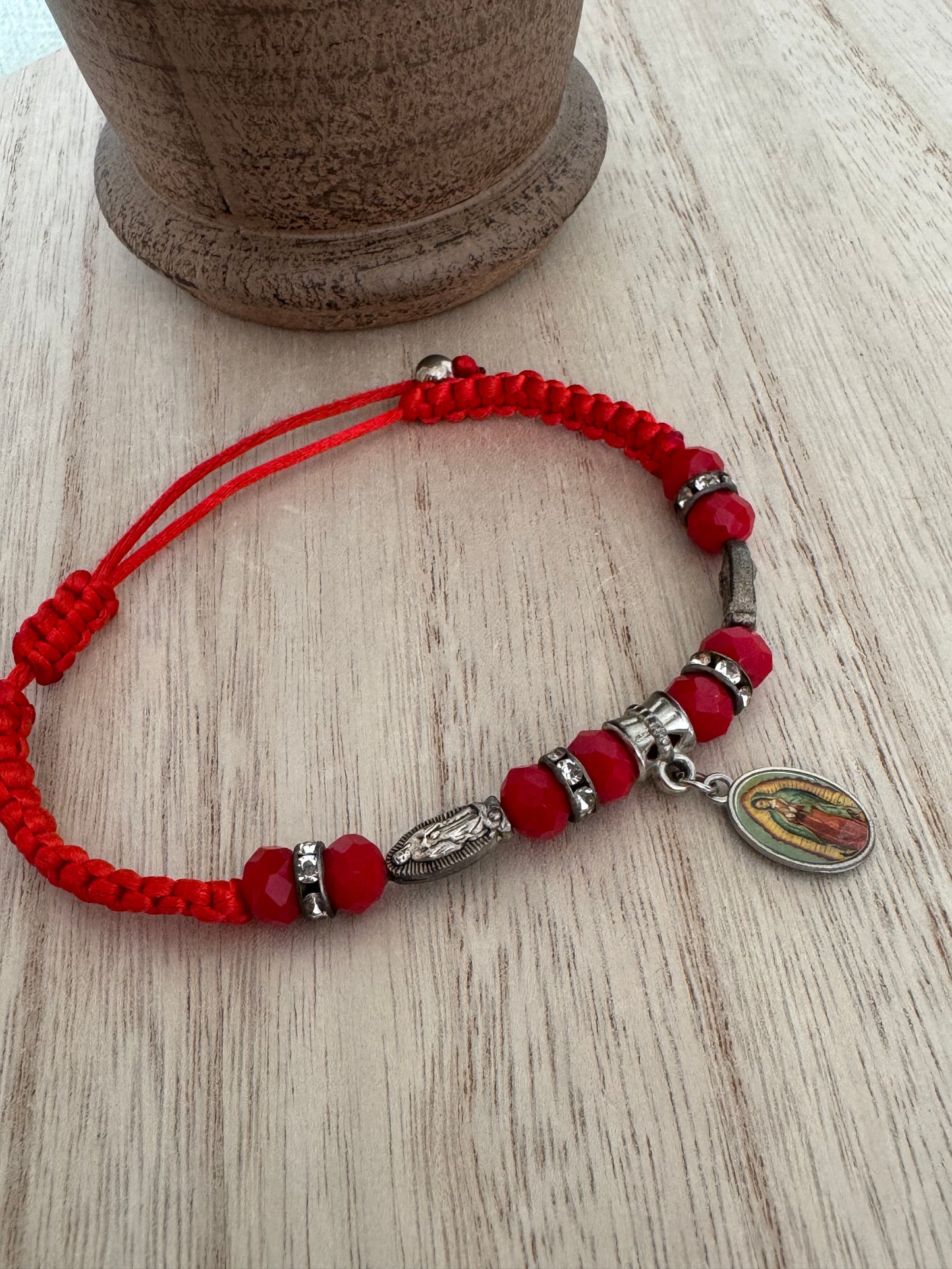 Our Lady of Guadalupe Adjustable Red Braided Bracelet – Silver Accents & Charm – Catholic Jewelry