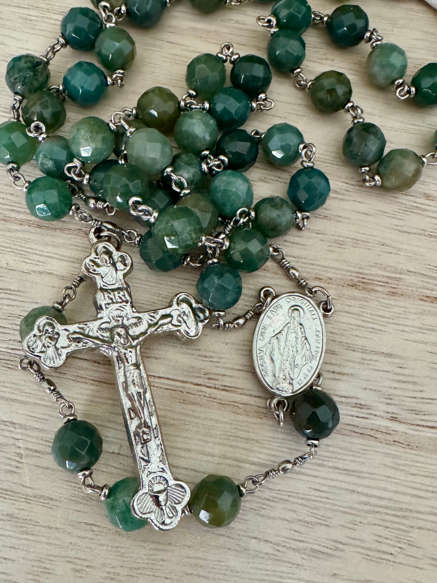 Green Catholic Rosary – Crystal-Like Beads | Silver Centerpiece & Crucifix