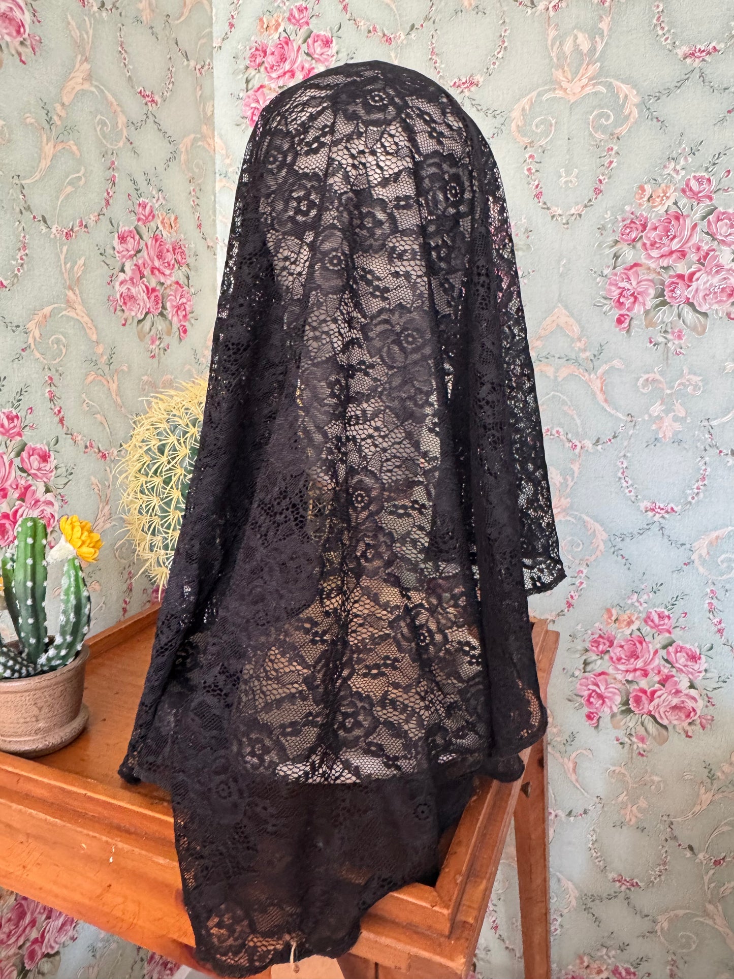 Soft Black Lace Chapel Veil – 28.5" x 25.5" | Handmade | No Clip