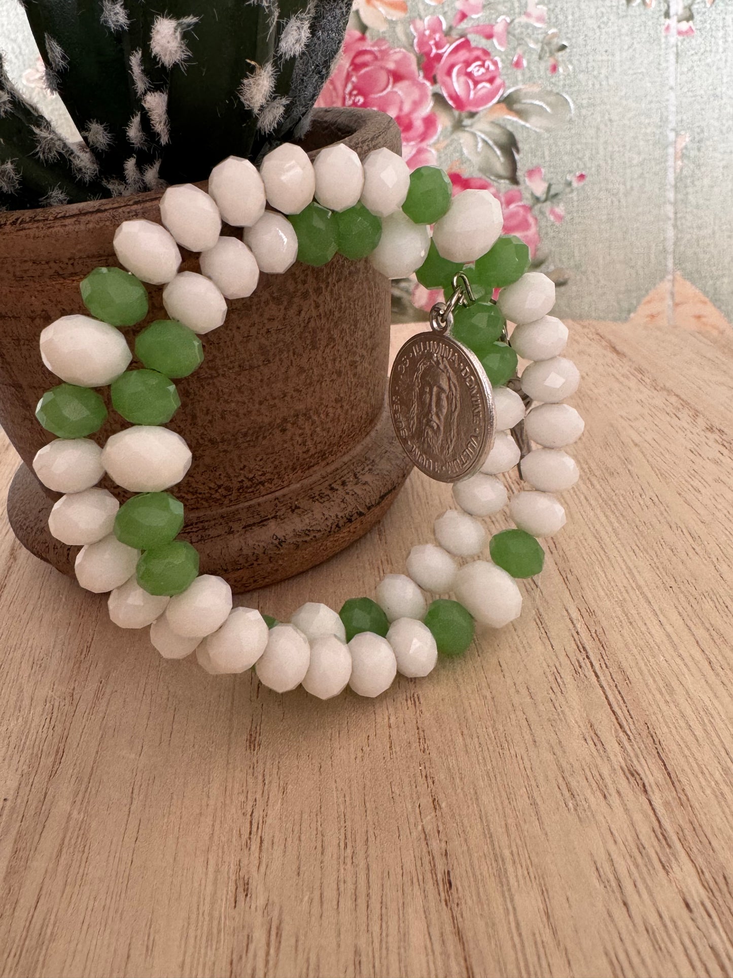 Green & White Bead Bracelet 6 bead – Crucifix & “Nos Illumina Domine Vultum Tuum Super” Charm – Catholic Devotional Jewelry