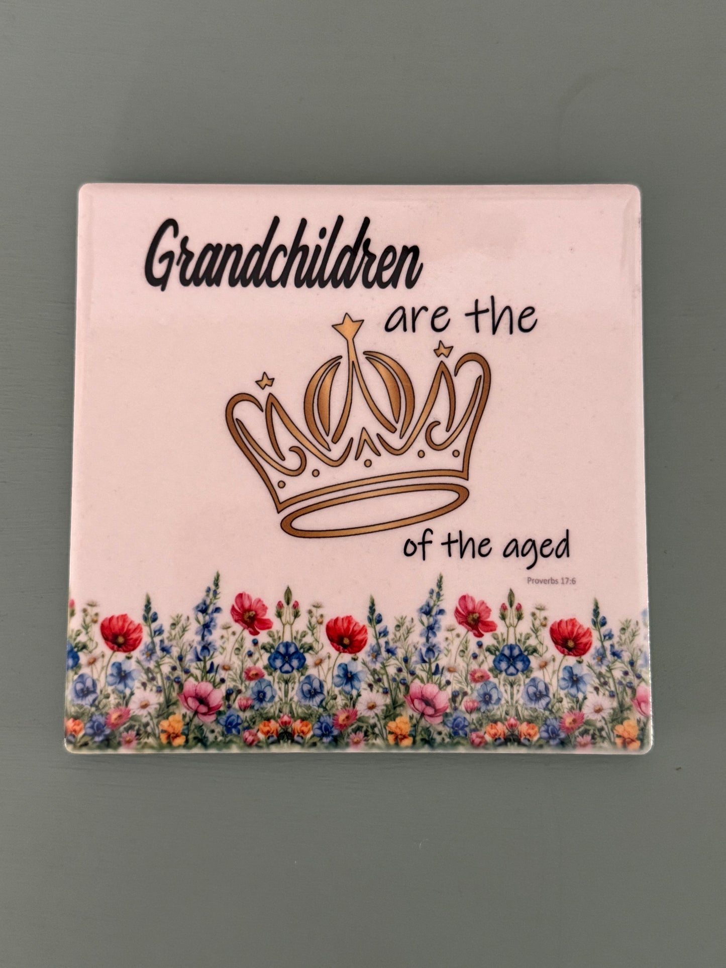 Floral Ceramic Coaster – “Grandchildren Are the Crown of the Aged”