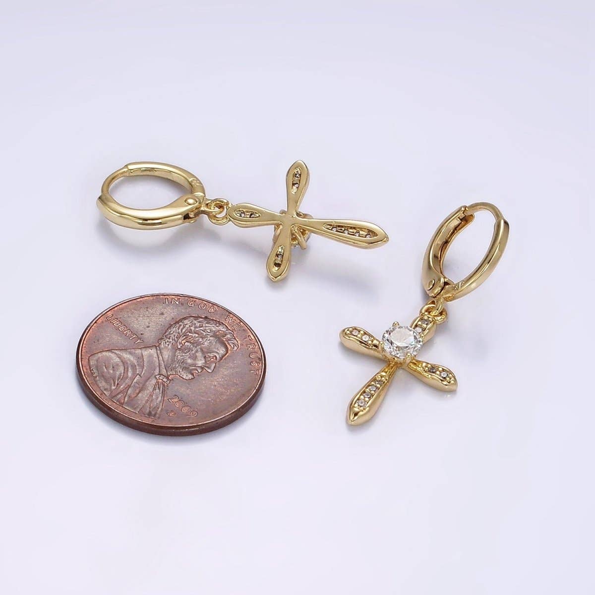14K Gold-Filled CZ Cross Drop Huggie Earrings