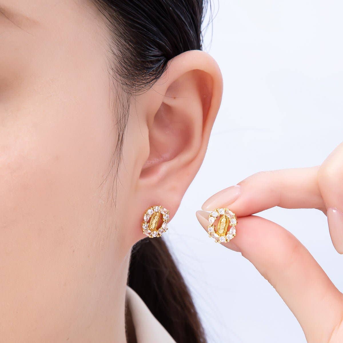 Our Lady of Guadalupe 16K Gold-Filled CZ Religious Stud Earrings