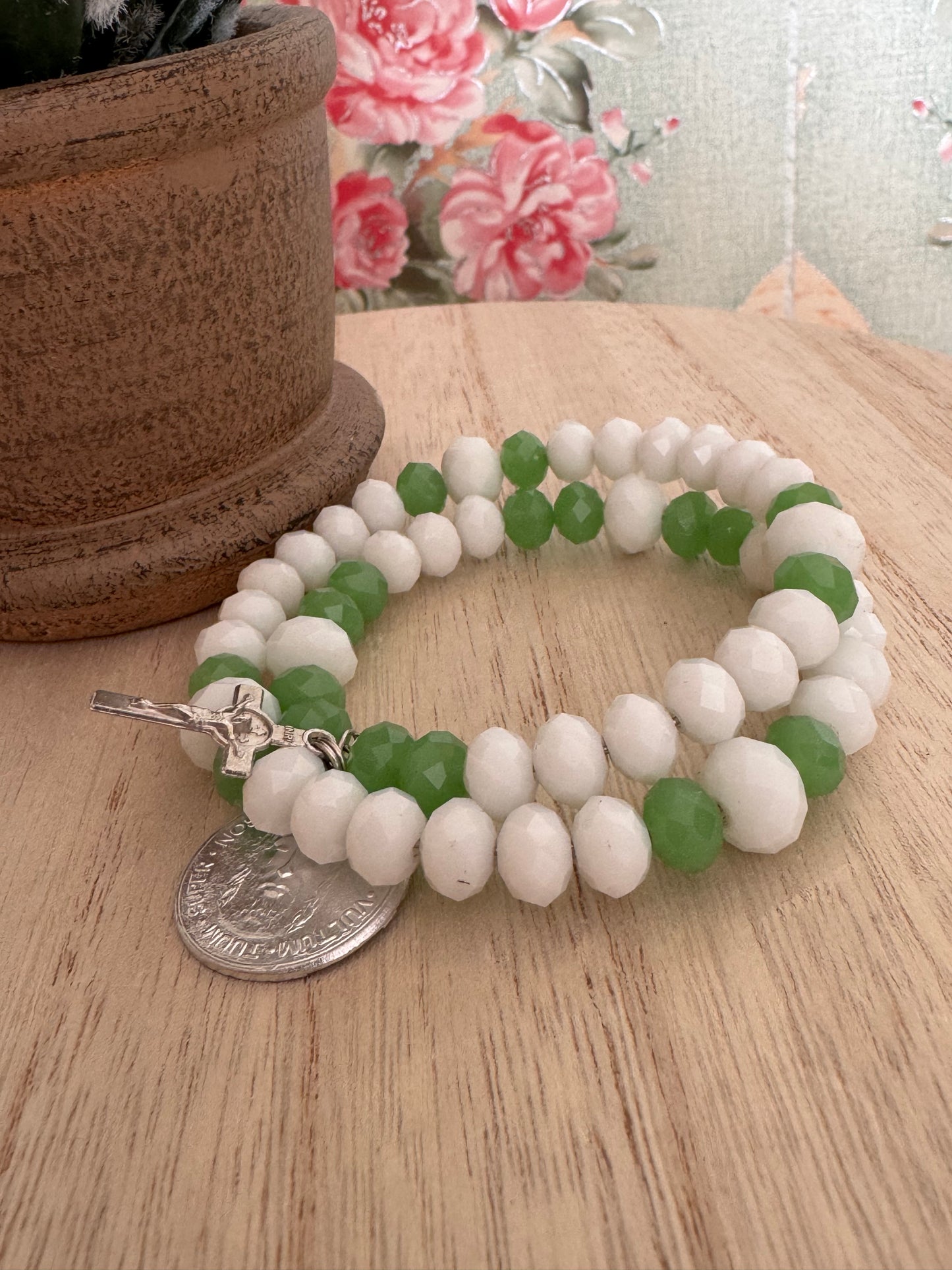 Green & White Bead Bracelet 6 bead – Crucifix & “Nos Illumina Domine Vultum Tuum Super” Charm – Catholic Devotional Jewelry