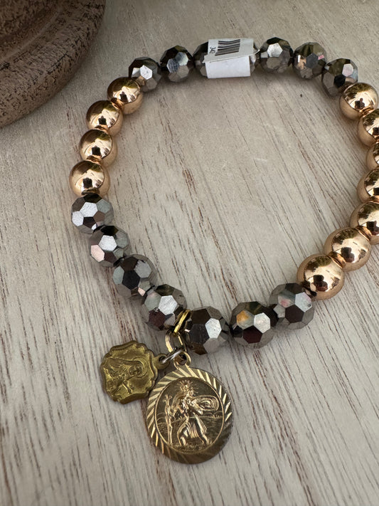 Gold & Silver Sparkle Stretch Bracelet with Vintage Saint Medals