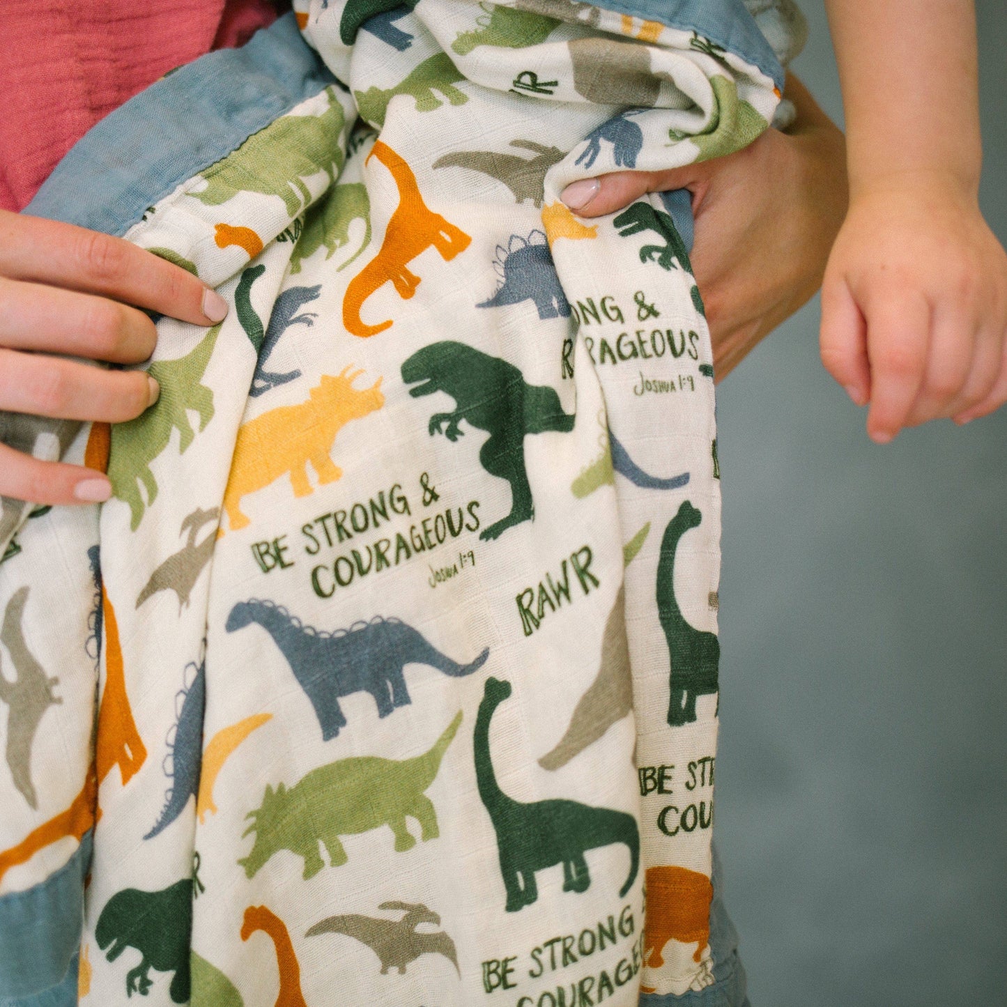 Dinosaurs "Be Strong and Courageous" Luxury Double Sided Muslin Catholic Blanket