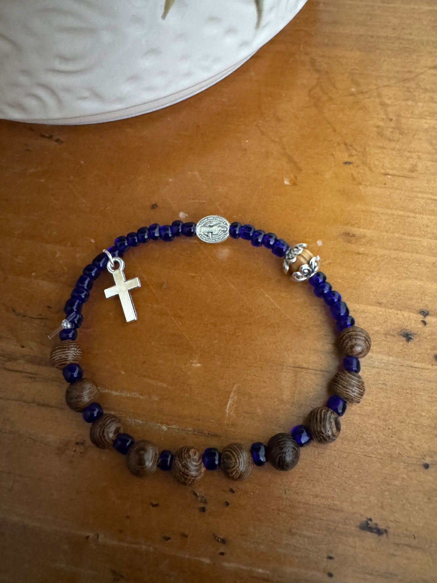 Handmade Dark Wood Rosary Bracelet with Royal Blue Spacers & Silver Cross