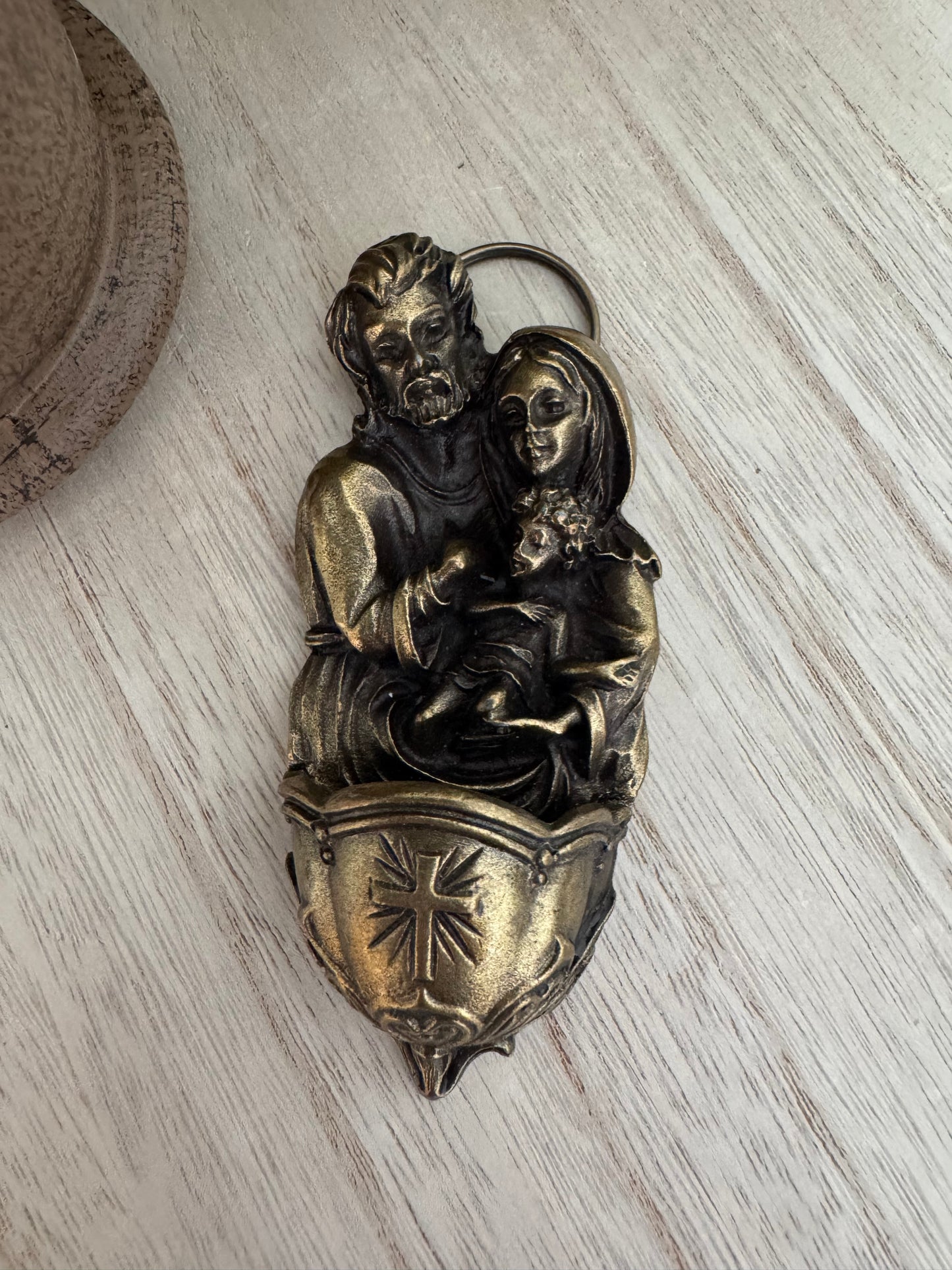Italian Holy Family Brass Water Font Sculpture
