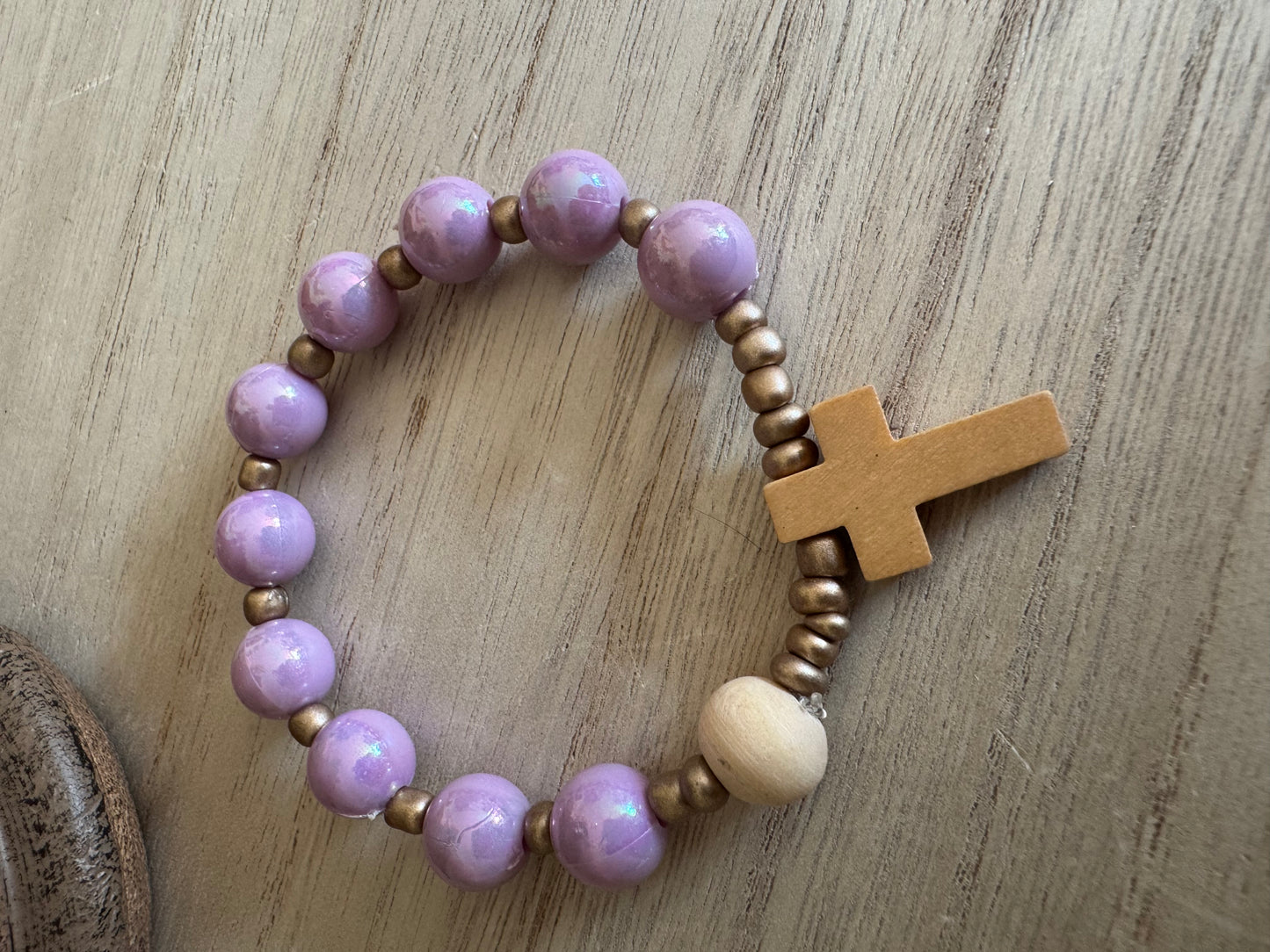 Purple and Gold Rosary Bracelet with Wooden Cross Charm