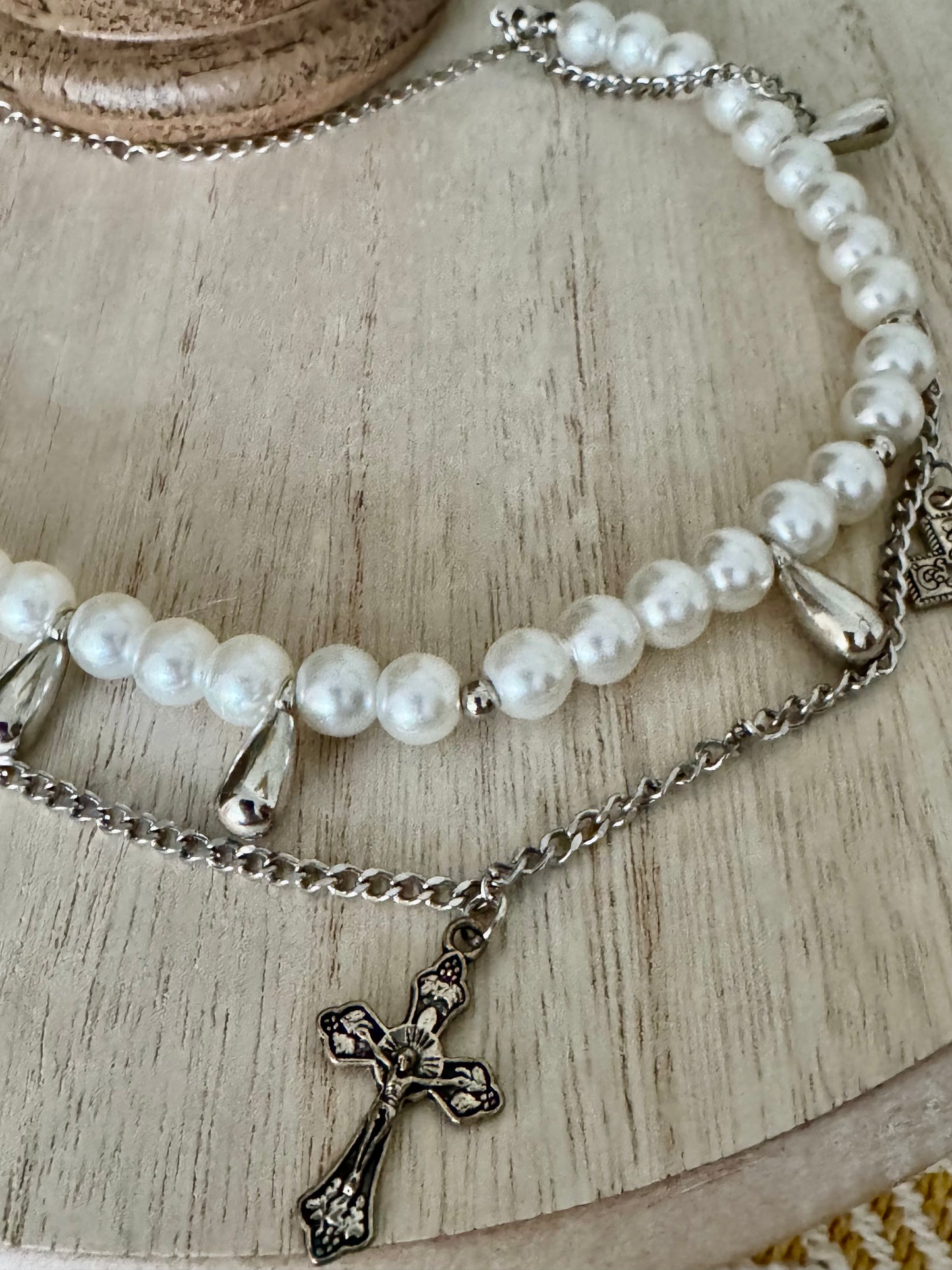 Faux White Bead Necklace with Silver Cross Charms – Adjustable Youth & Kids Necklace