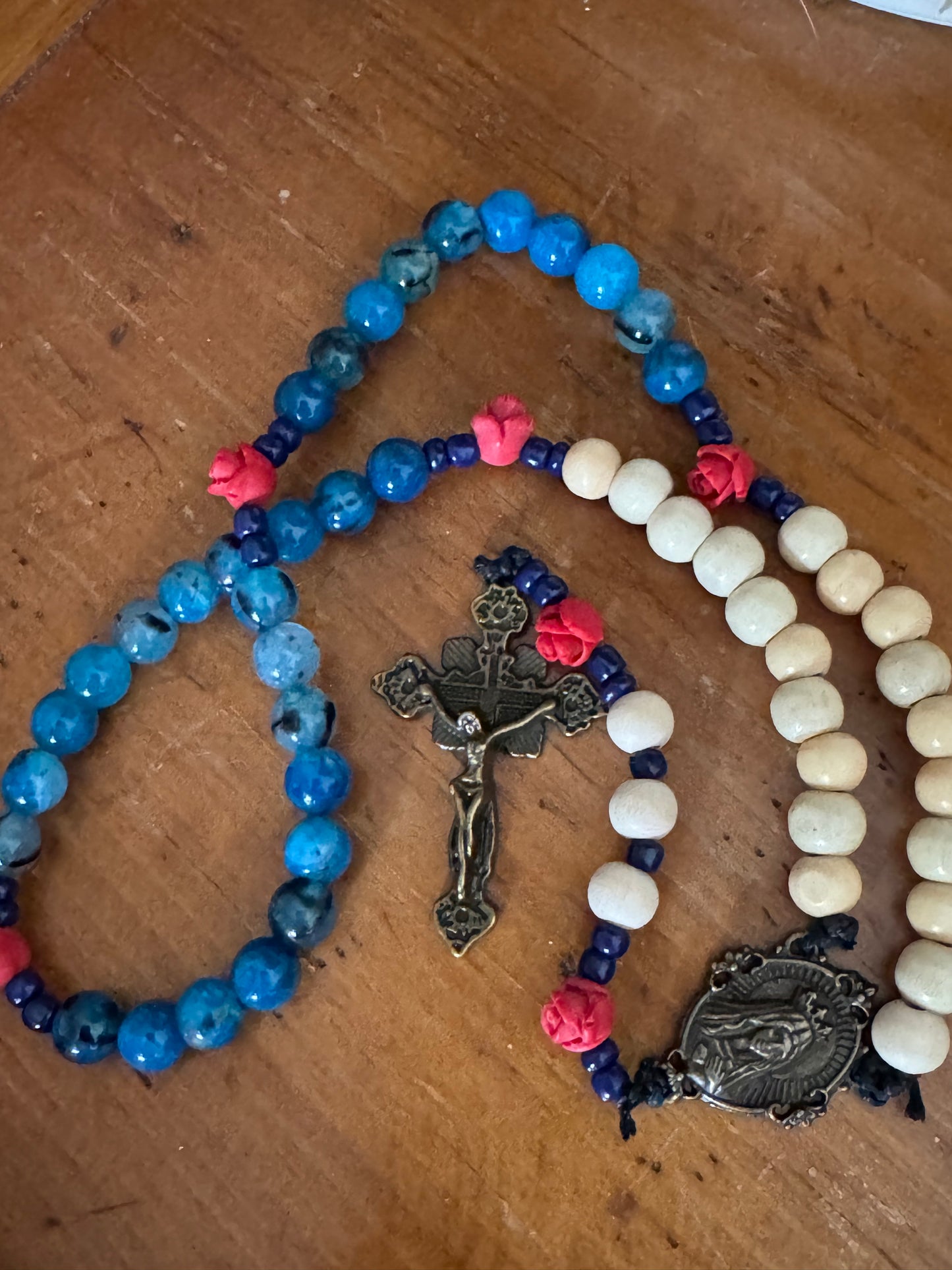 Handmade Blue Dragon Vein Agate & Natural Wood Rosary