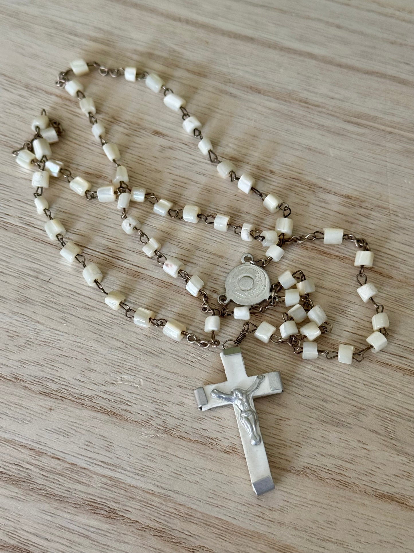 Vintage White Square Bead Rosary – Santa Terra Centerpiece