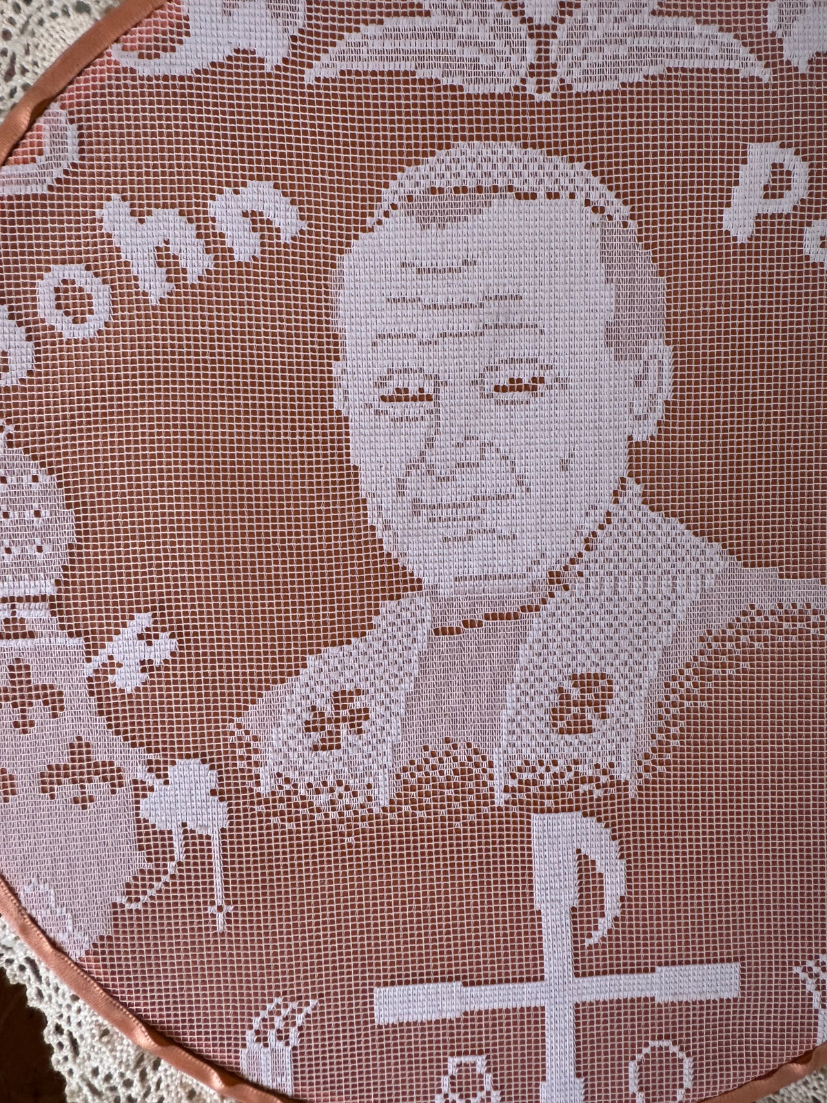 Vintage Handmade Pope John Paul II Needlepoint, Pink & Lace, 13"