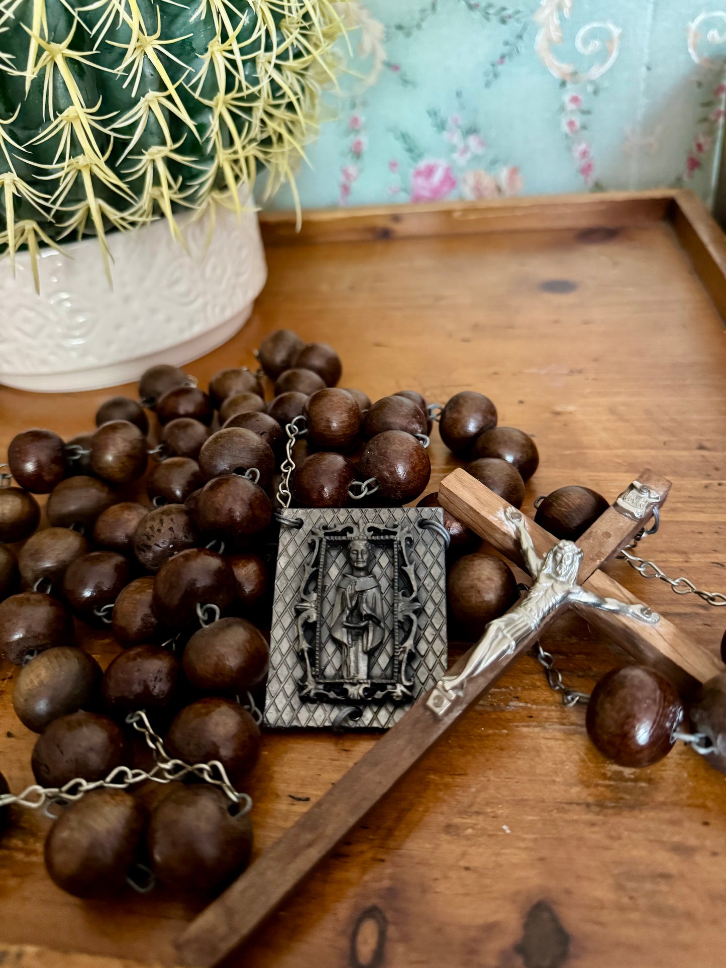 Vintage Wooden Wall Rosary – Large 52 Inch Rosary