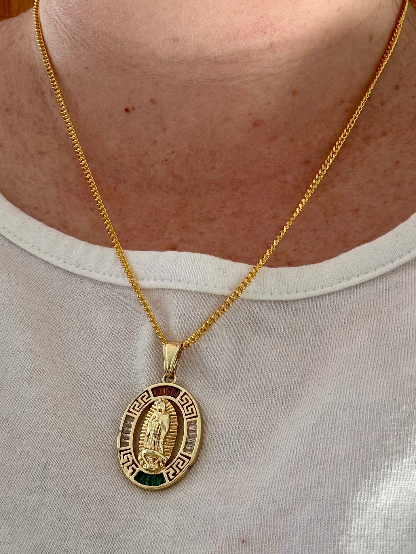 Our Lady of Guadalupe Necklace – Gold-Colored Metal with Red, White, and Green Accents