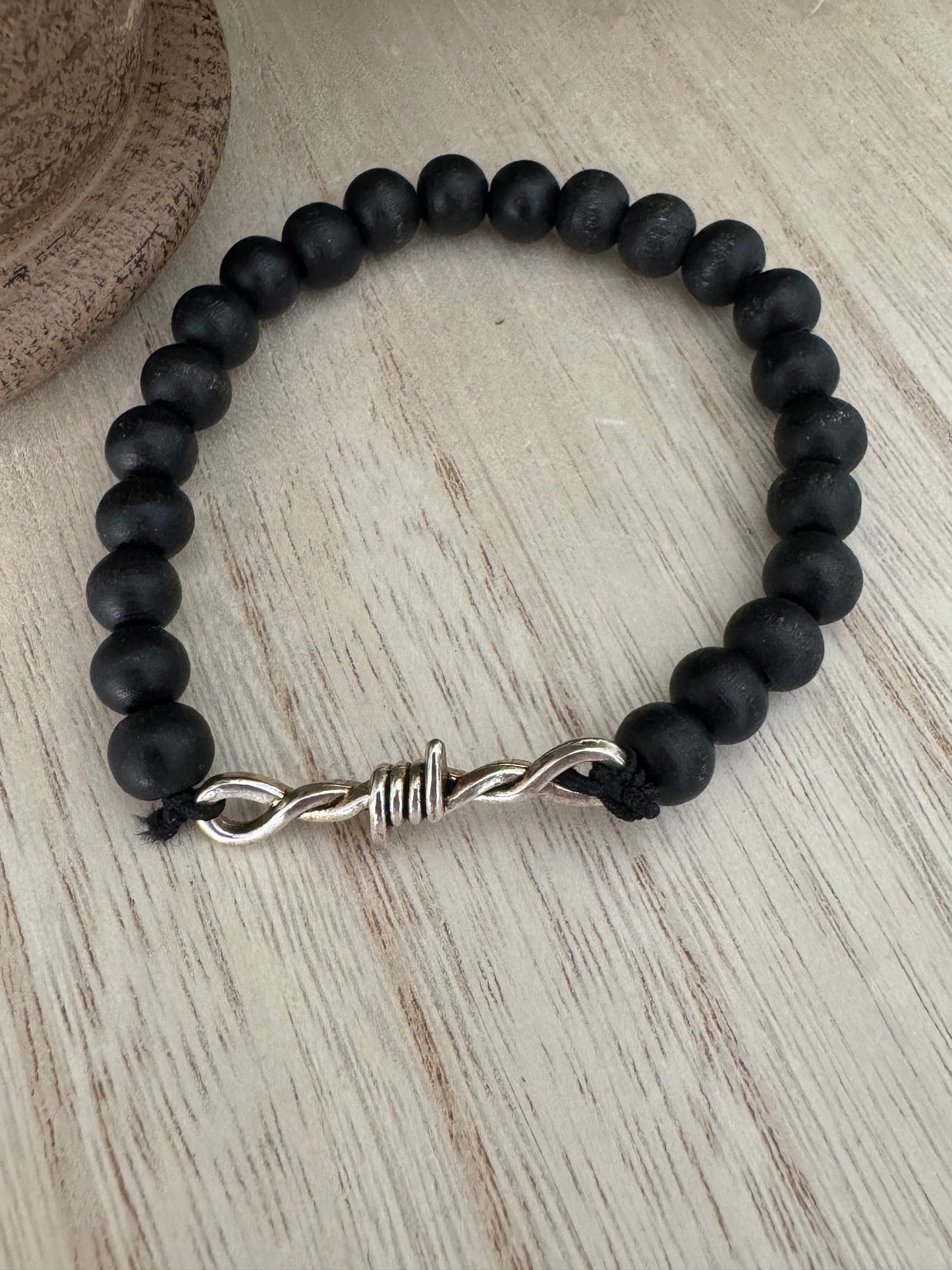 Black Wood Bead Bracelet with Crown of Thorns Design