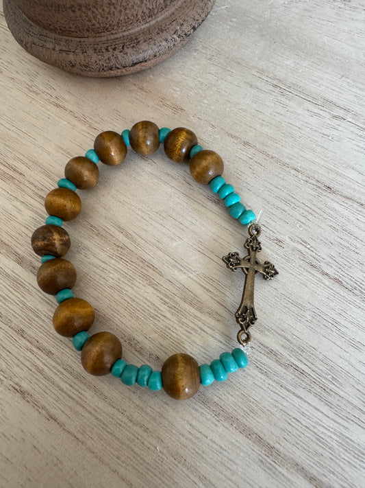 Dark Wood Rosary Bracelet with Teal Green Accent and Bronze Cross