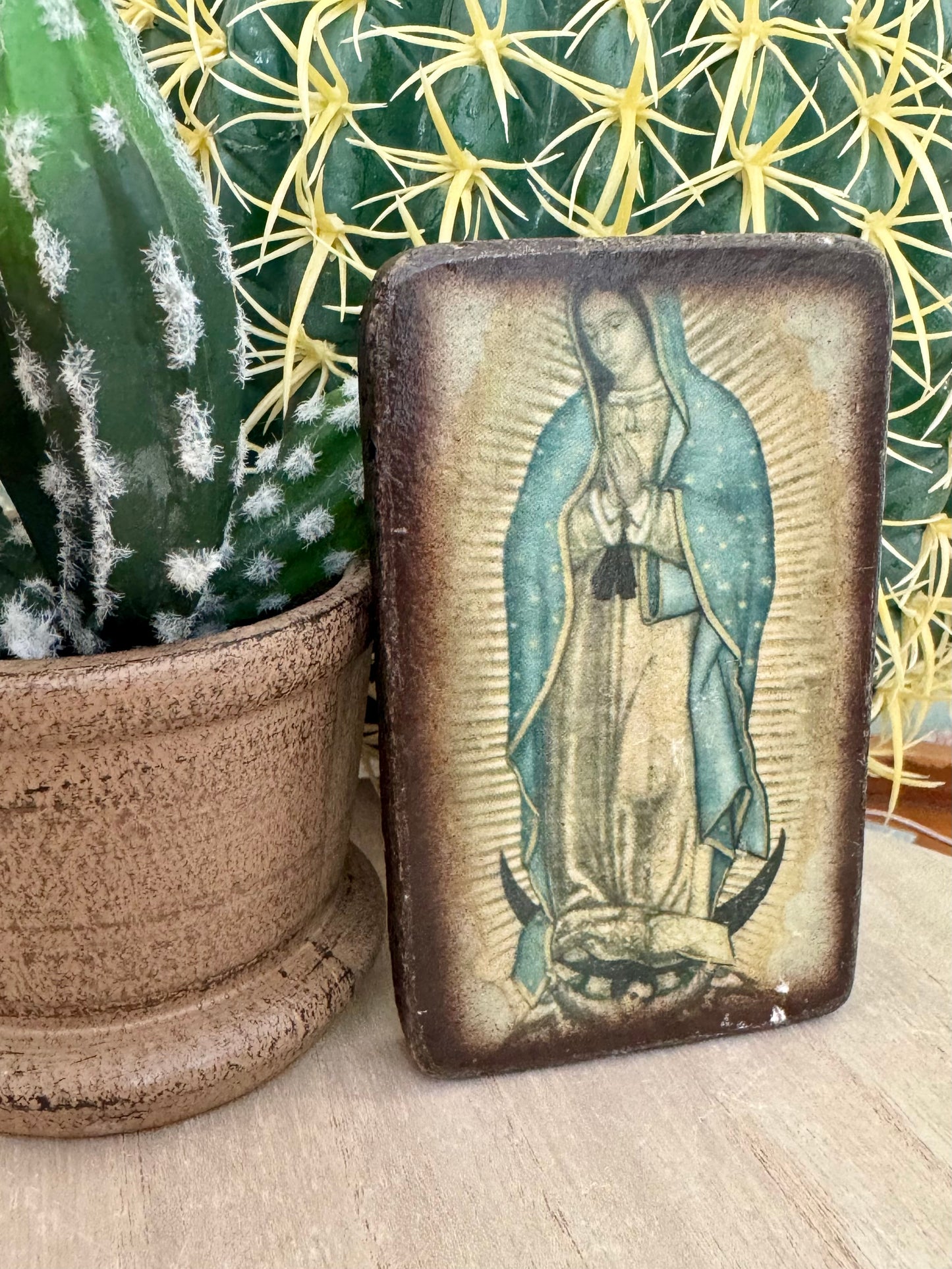 Vintage Our Lady of Guadalupe Icon on Wood 4x2.5