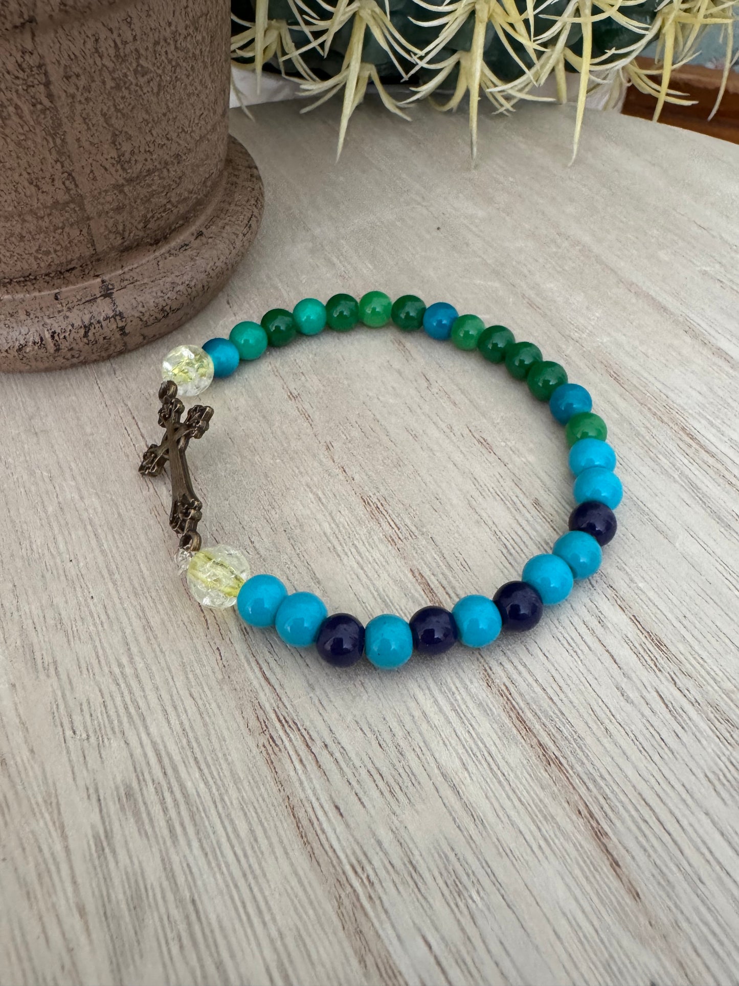 Green & Blue Stretch Bracelet with Bronze Cross