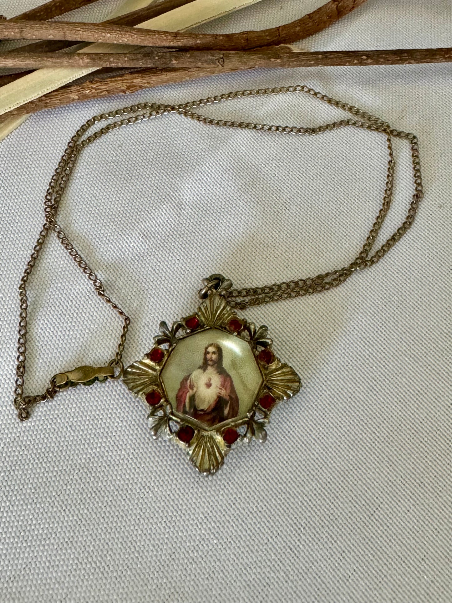 Vintage Red & Gold Sacred Heart and Immaculate Heart Necklace