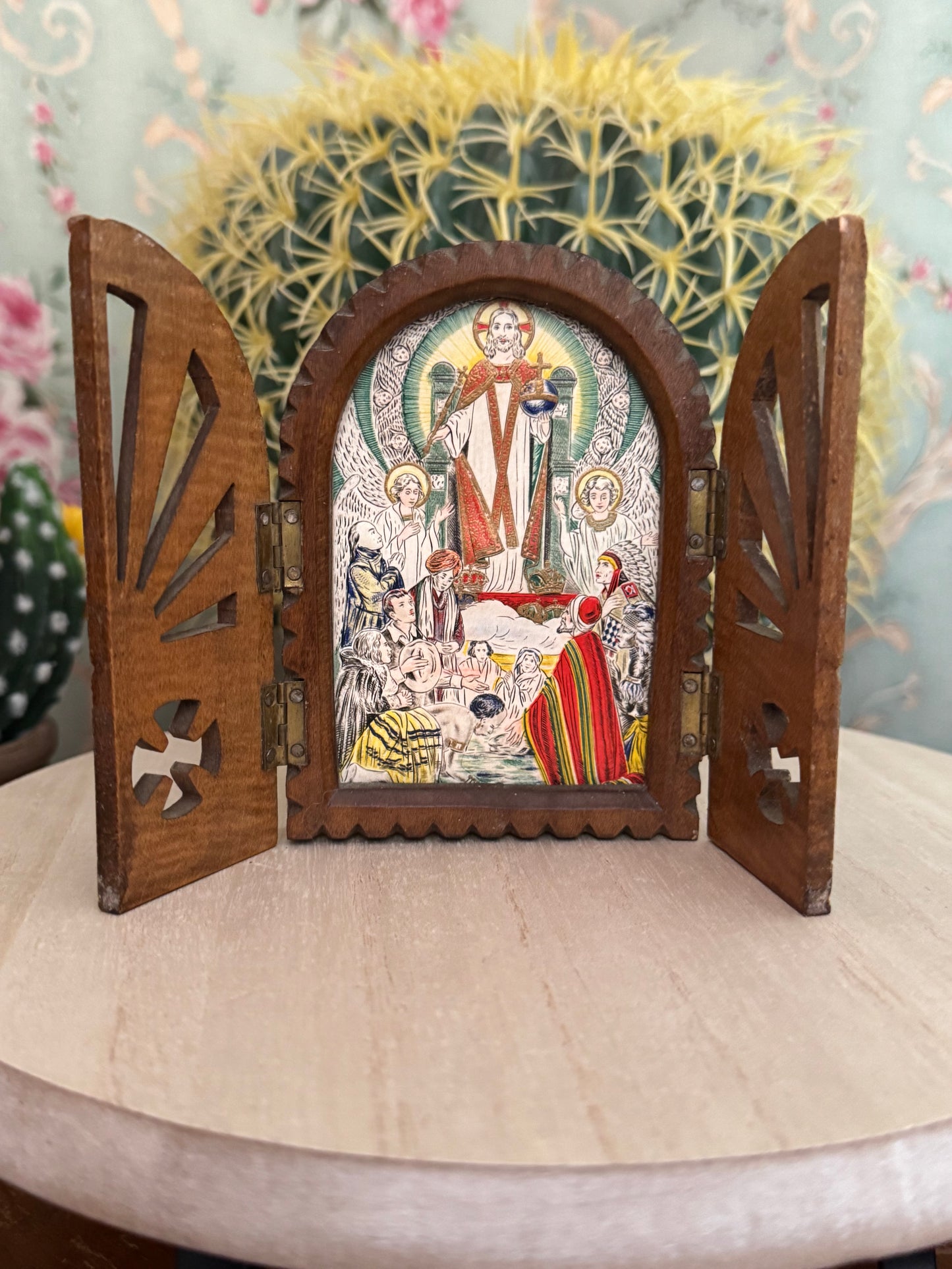 Vintage Fold-Out Religious Frame | Jesus Holding the World | Symbol of Worldwide Faith | 1930s–1950s